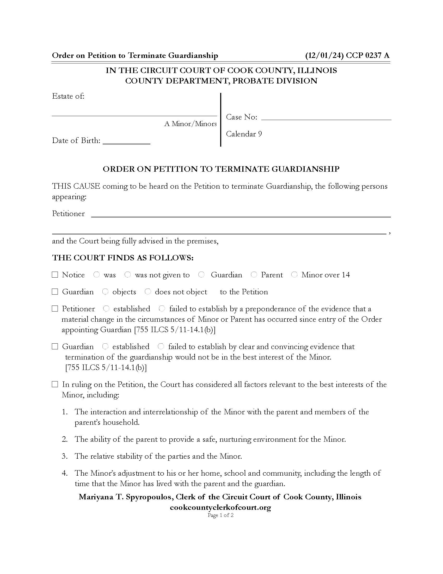 Order On Petition To Terminate Guardianship (Of Minor(s)) {CCP 0237} | Pdf Fpdf Docx | Illinois
