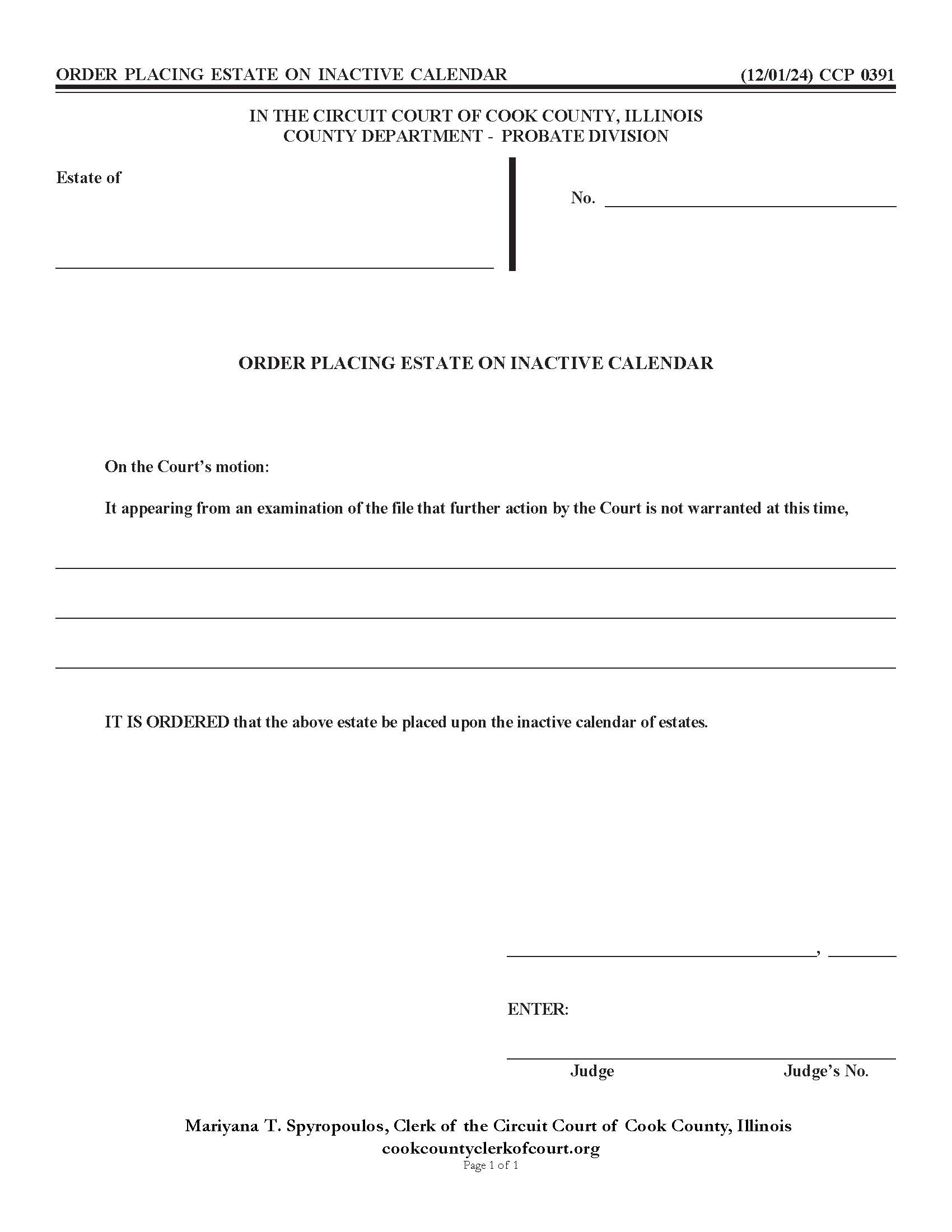 Order Placing Estate On Inactive Calendar {CCP 0391} | Pdf Fpdf Docx | Illinois