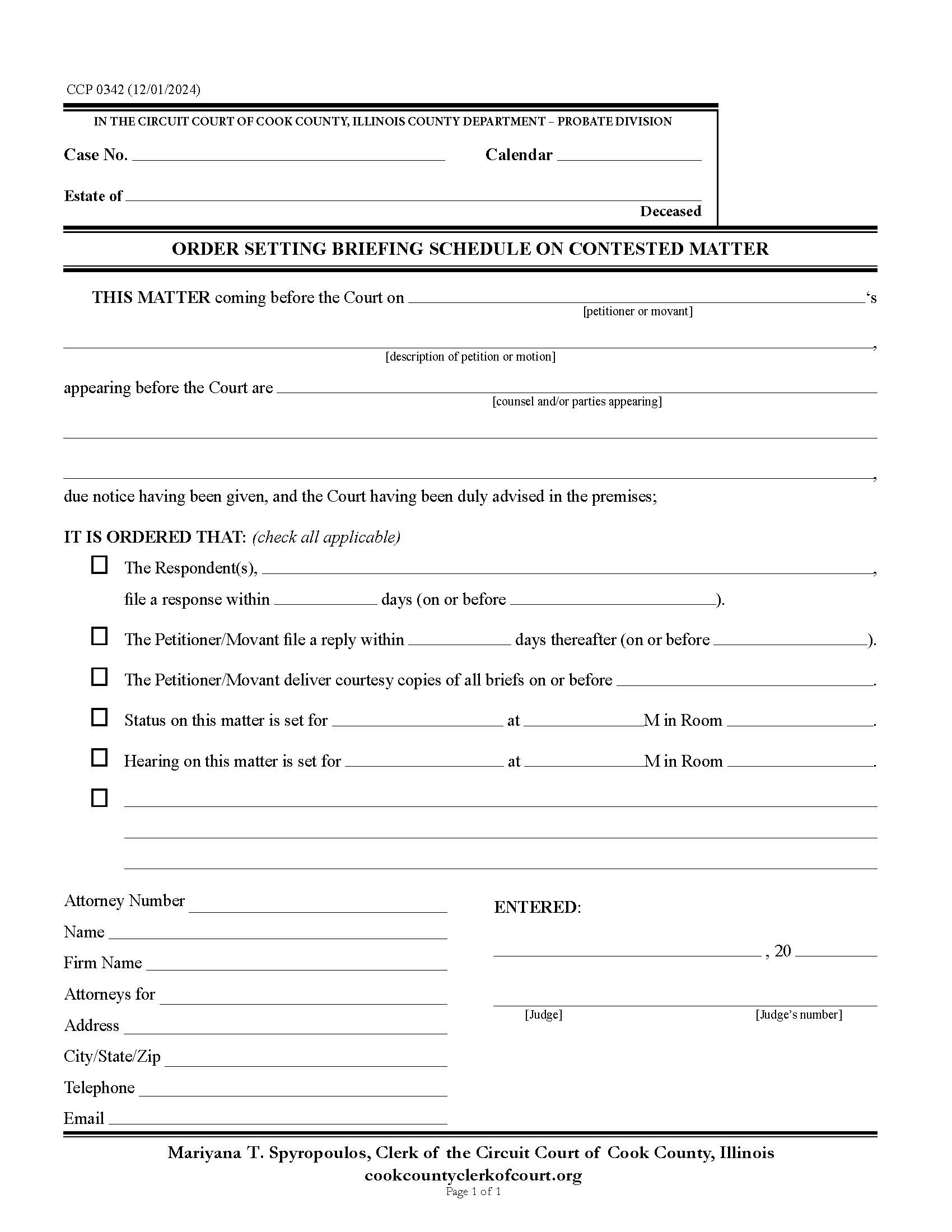 Order Setting Briefing Schedule On Contested Matter {CCP 0342} | Pdf Fpdf Docx | Illinois
