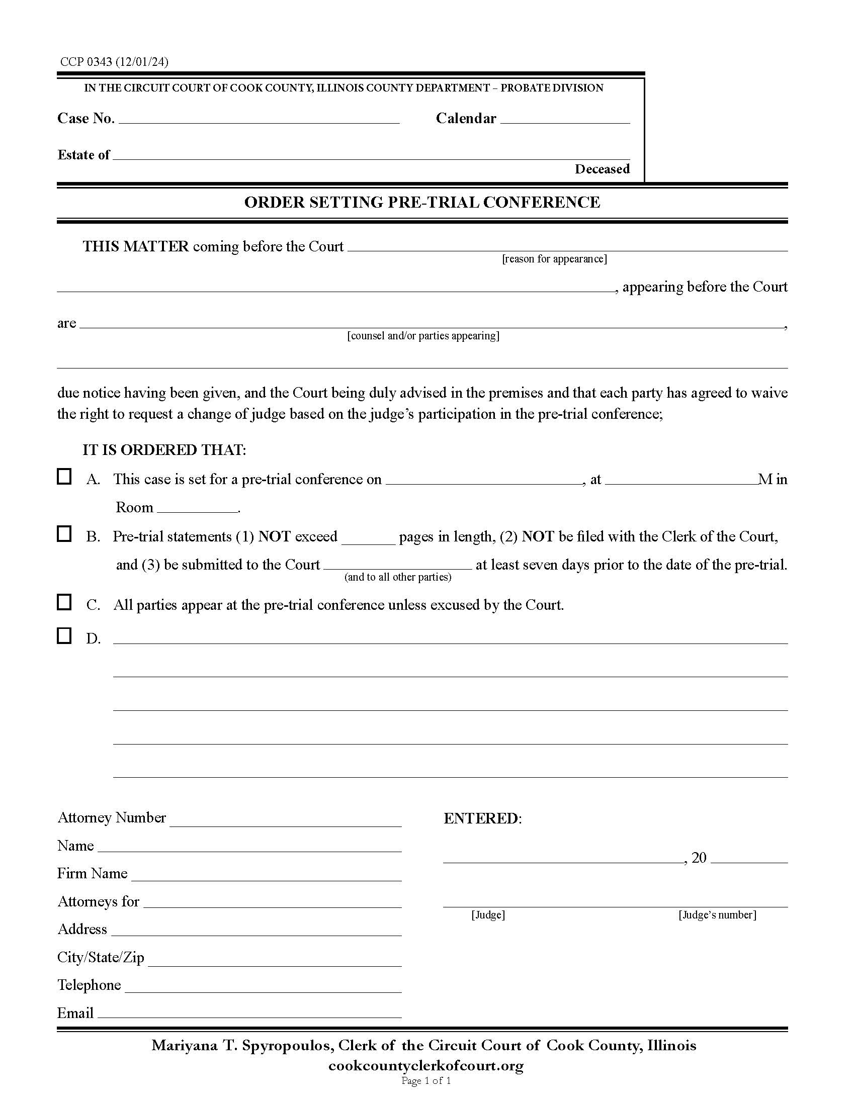Order Setting Pre-Trial Conference {CCP 0343} | Pdf Fpdf Docx | Illinois