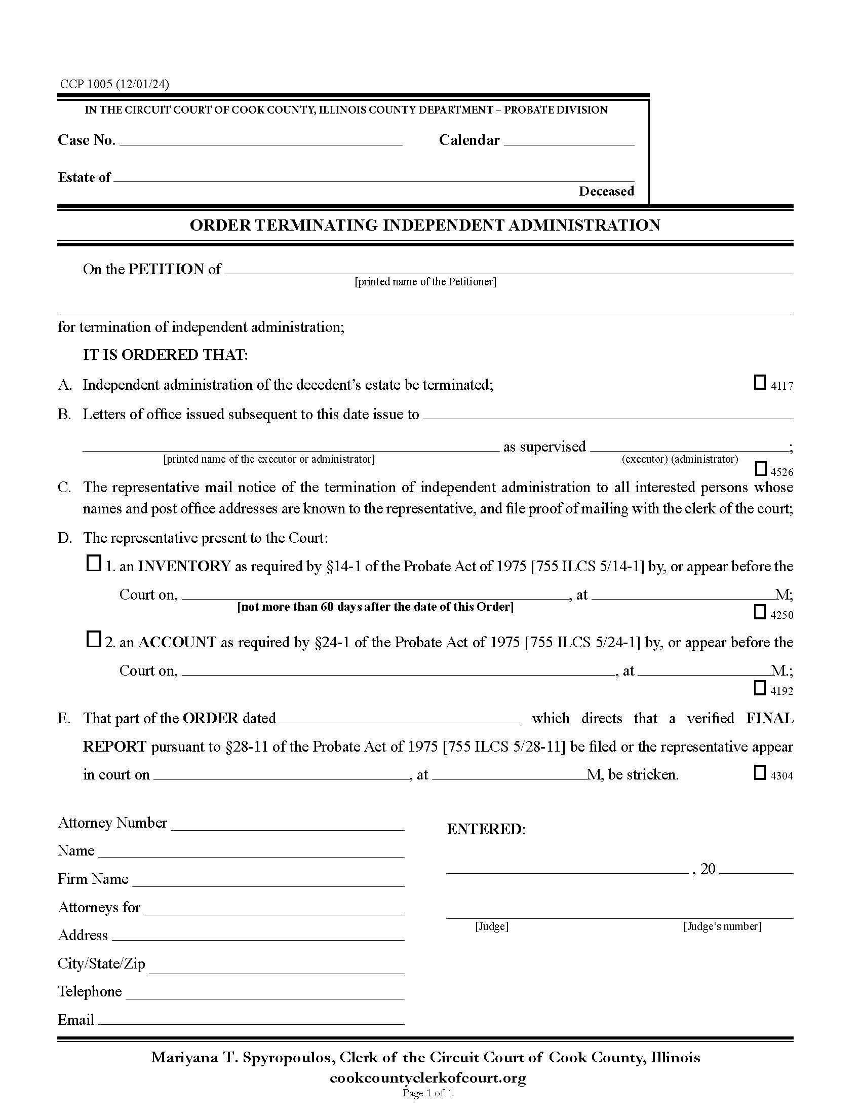 Order Terminating Independent Administration {CCP 1005} | Pdf Fpdf Docx | Illinois