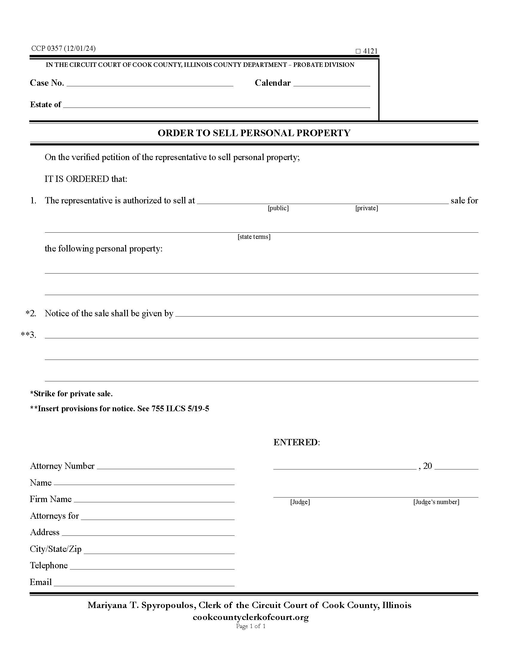 Order To Sell Personal Property {CCP 0357} | Pdf Fpdf Docx | Illinois