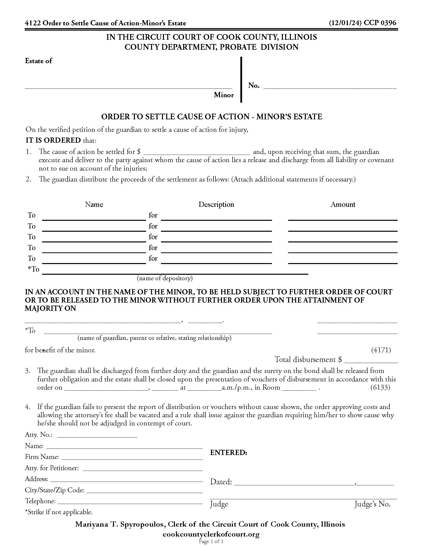 Order To Settle Cause Of Action - Minors Estate {CCP 0396} | Pdf Fpdf Docx | Illinois