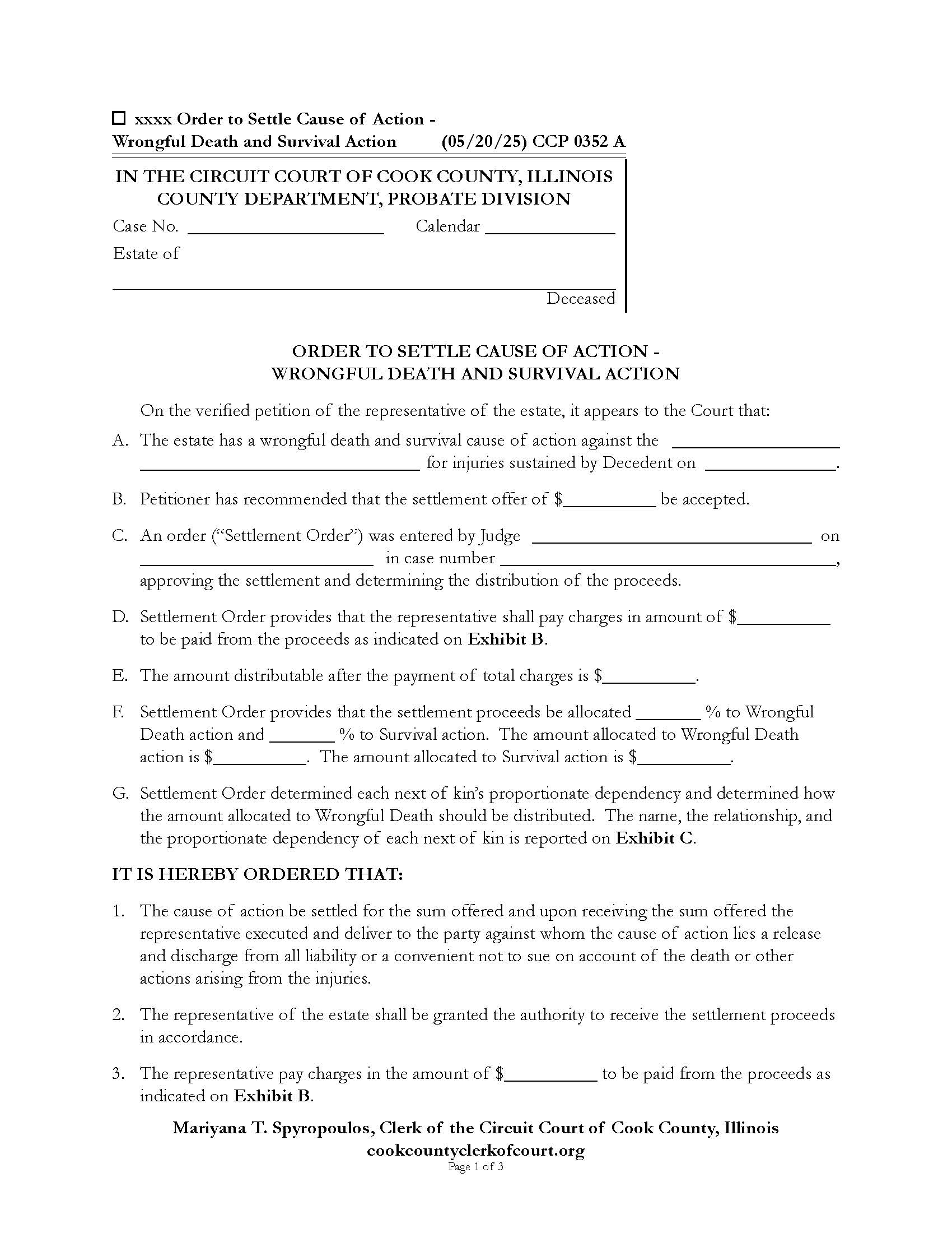 Order To Settle Cause Of Action Wrongful Death And Survival Action {CCP 0352} | Pdf Fpdf Docx | Illinois