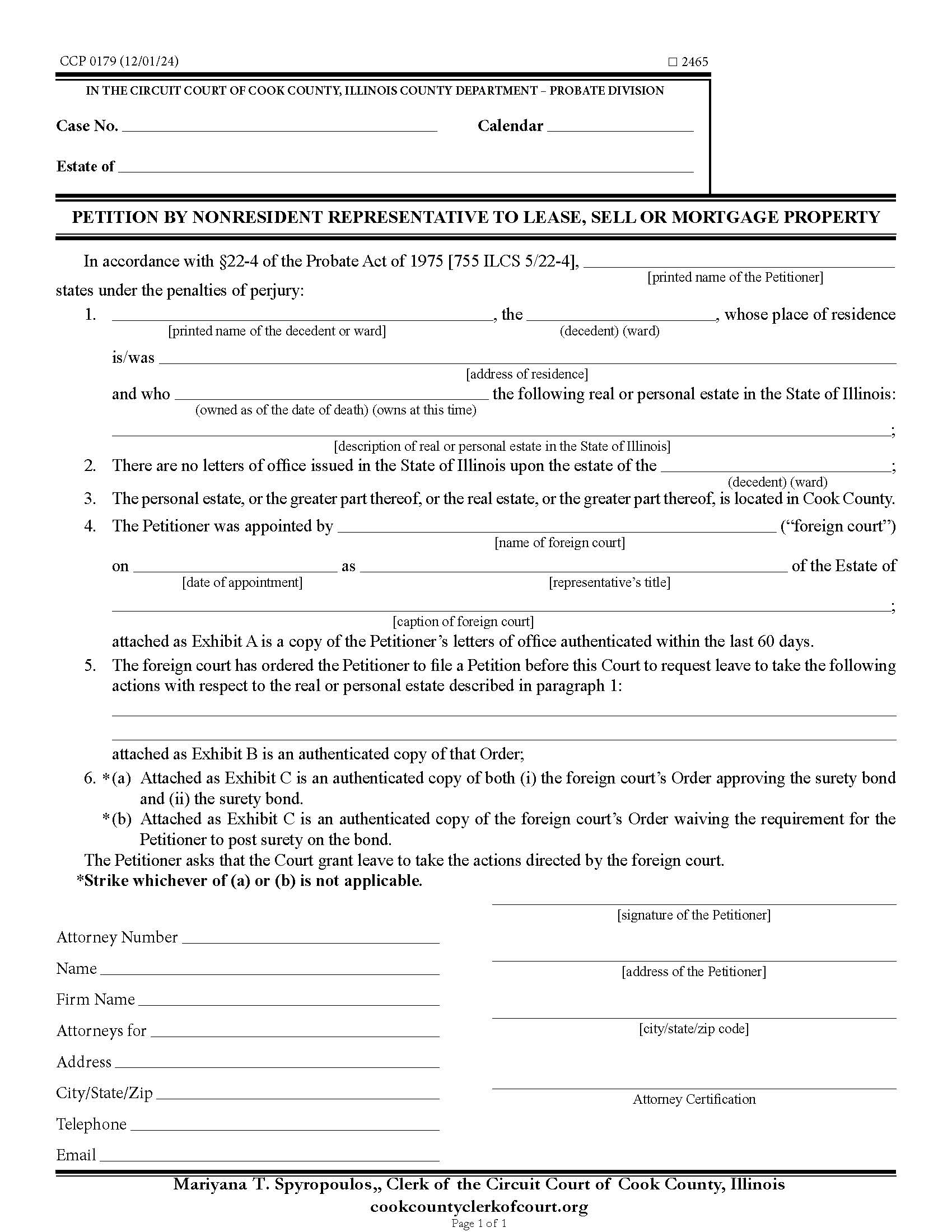 Petition By Nonresident To Lease Sell Or Mortgage Property {CCP 0179} | Pdf Fpdf Docx | Illinois