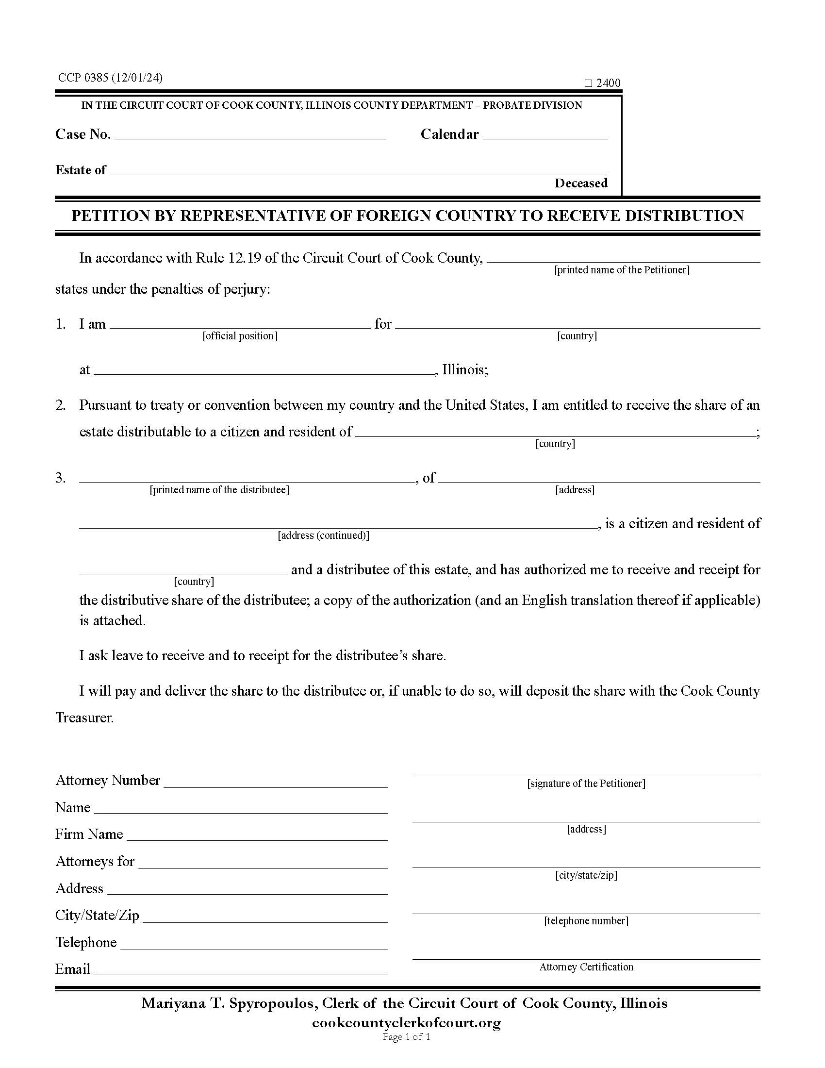 Petition By Representative Of Foreign Country To Receive Distribution {CCP 0385} | Pdf Fpdf Docx | Illinois