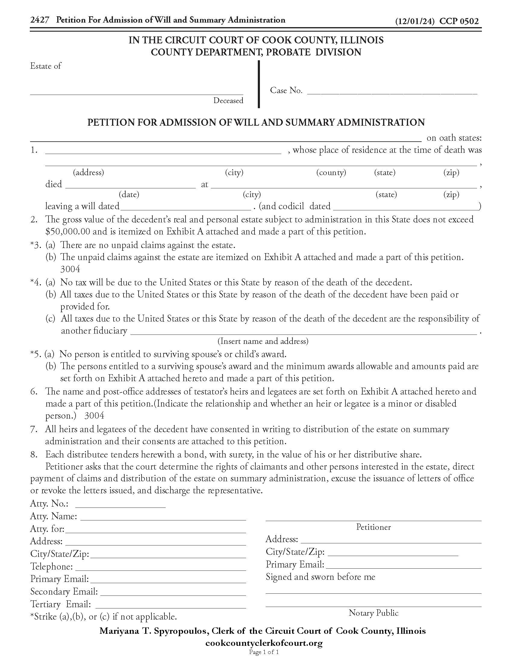 Petition For Admission Of Will And Summary Administration {CCP 0502} | Pdf Fpdf Doc Docx | Illinois