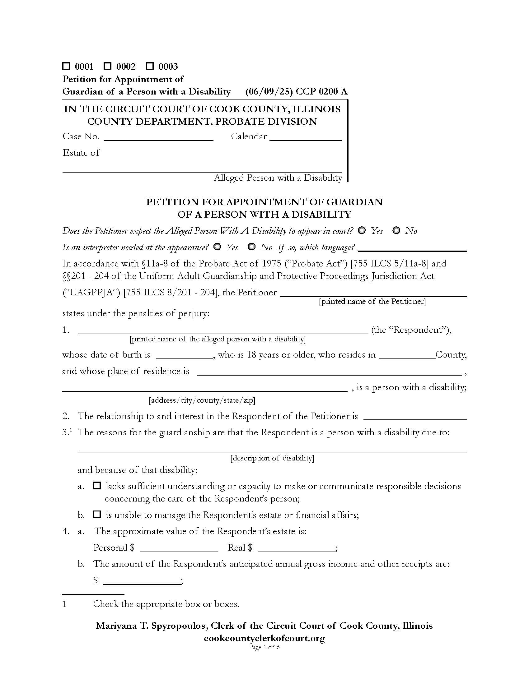 Petition For Appointment Of Guardian Of A Person With A Disability {CCP 0200} | Pdf Fpdf Doc Docx | Illinois