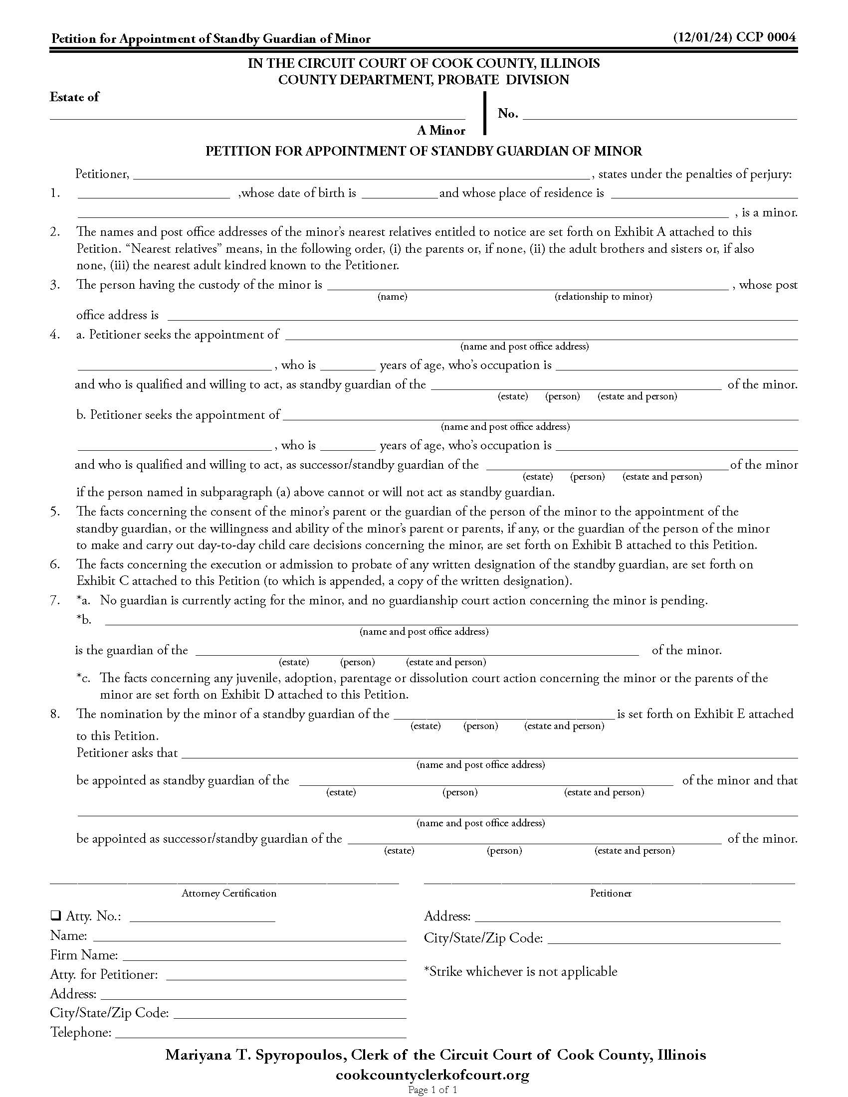 Petition For Appointment Of Standby Guardian Of Minor {CCP 0004} | Pdf Fpdf Docx | Illinois