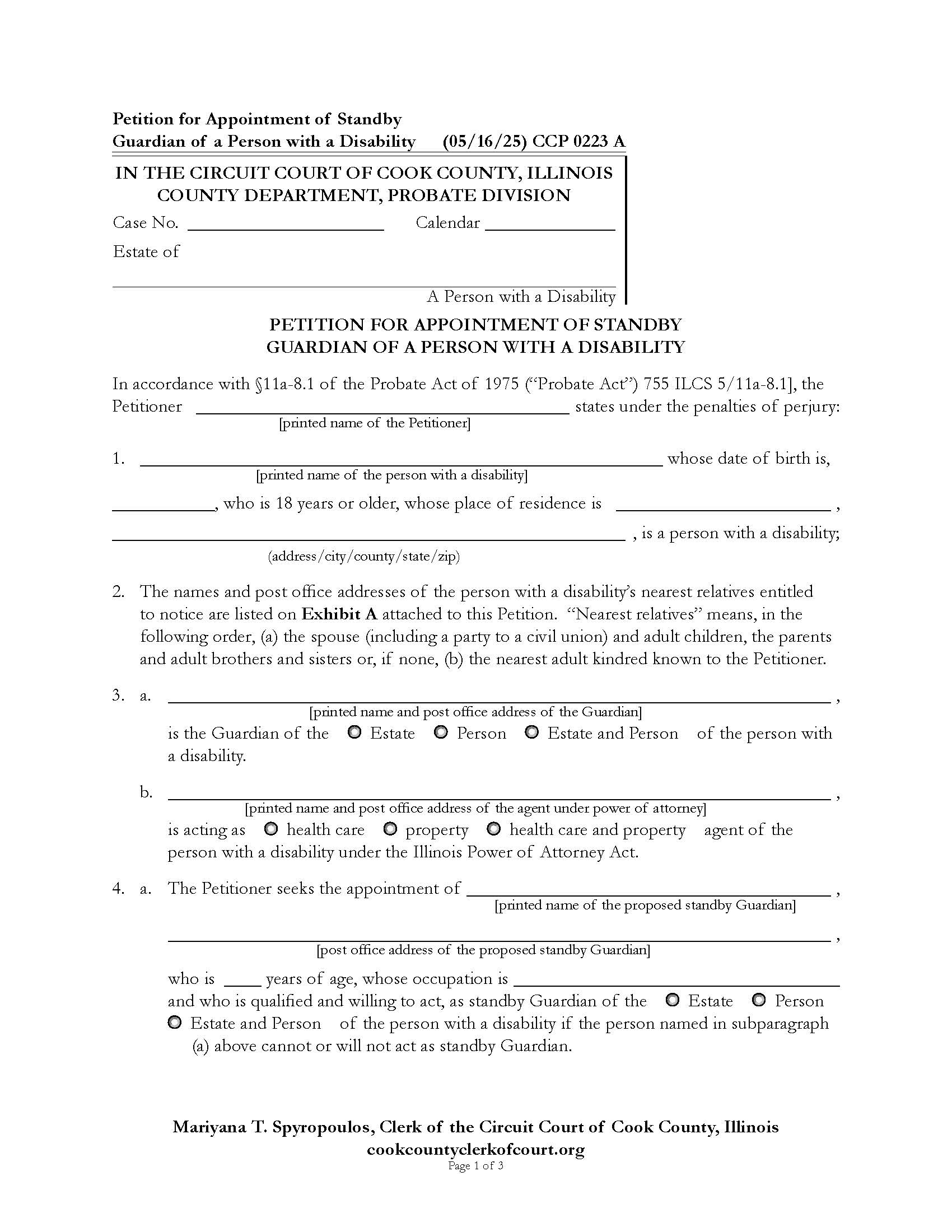 Petition For Appointment Of Standby Guardian Of Person With Disability {CCP 0223} | Pdf Fpdf Doc Docx | Illinois