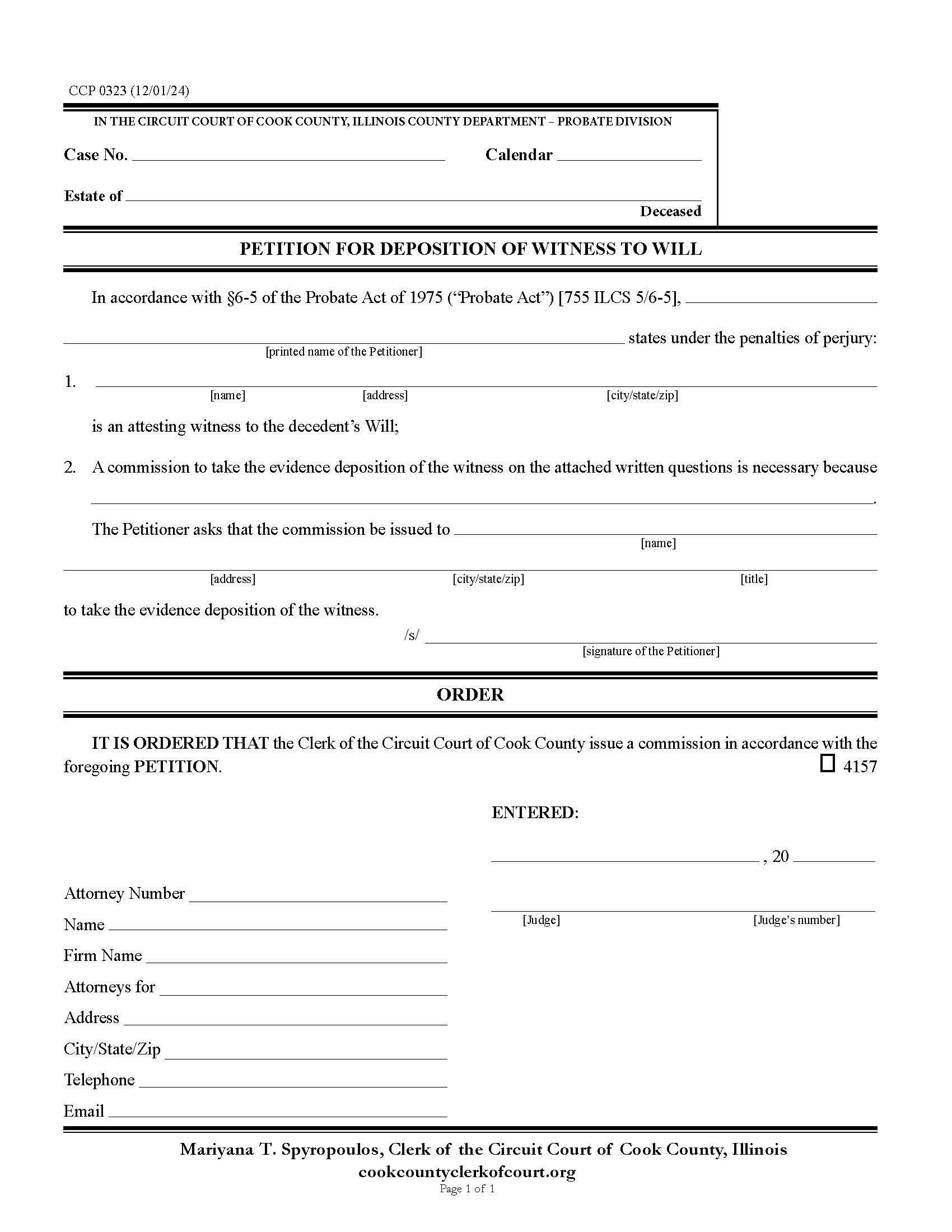 Petition For Deposition Of Witness To Will {CCP 0323} | Pdf Fpdf Docx | Illinois