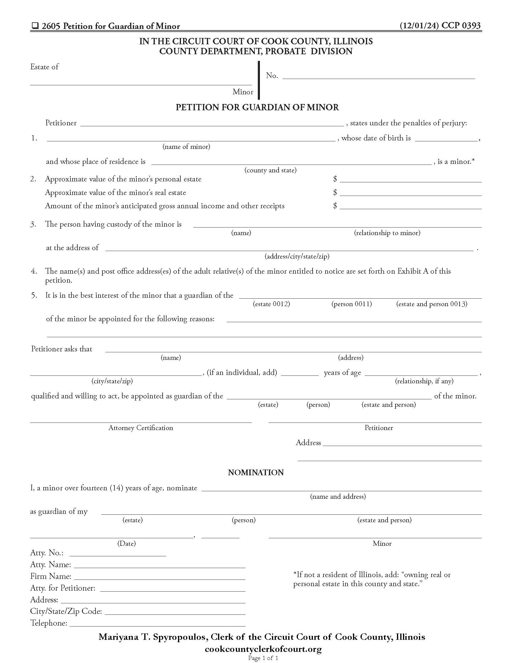 Petition For Guardian Of Minor {CCP 0393} | Pdf Fpdf Docx | Illinois