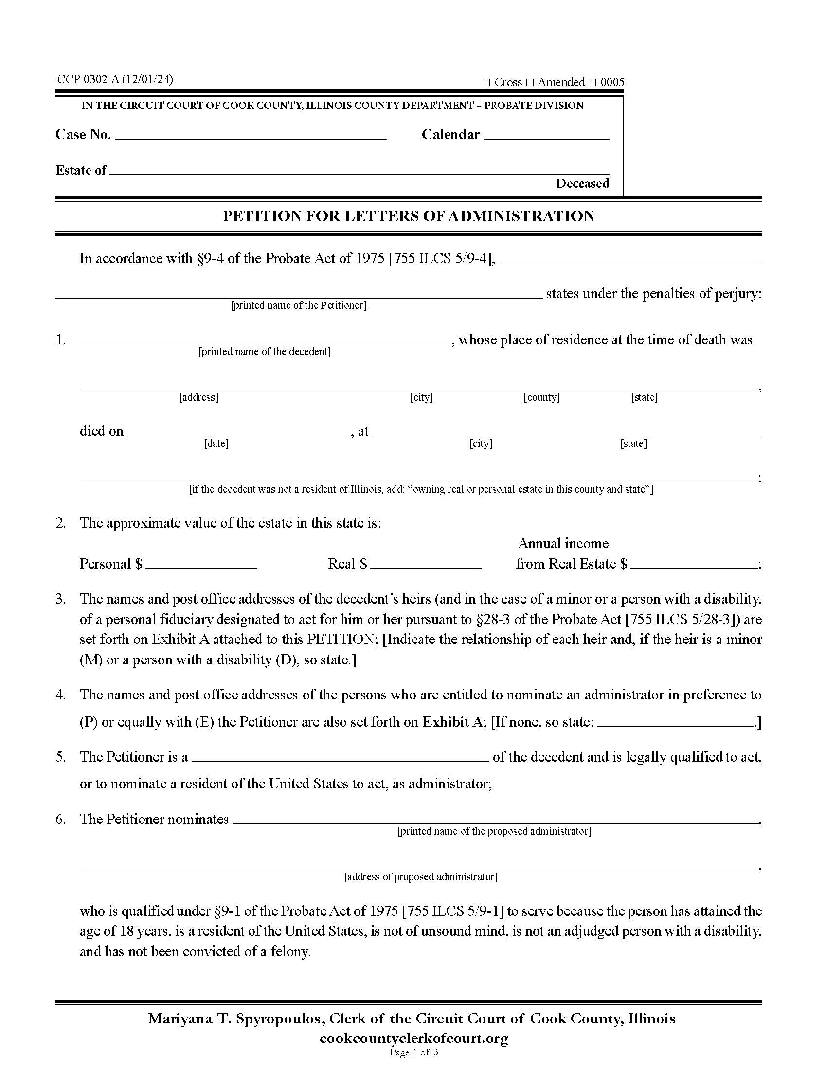 Petition For Letters Of Administration {CCP 0302} | Pdf Fpdf Docx | Illinois