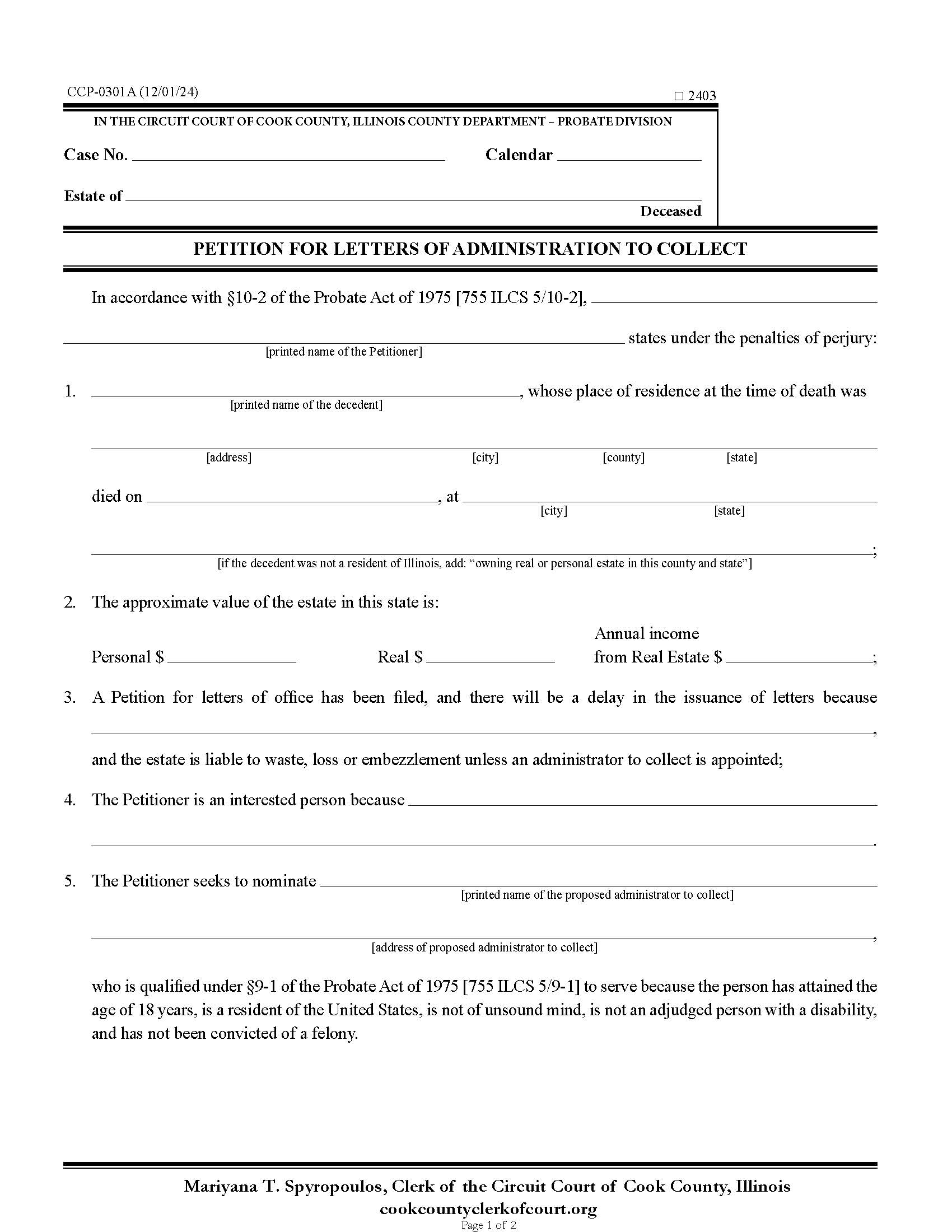 Petition For Letters Of Administration To Collect {CCP 0301} | Pdf Fpdf Doc Docx | Illinois