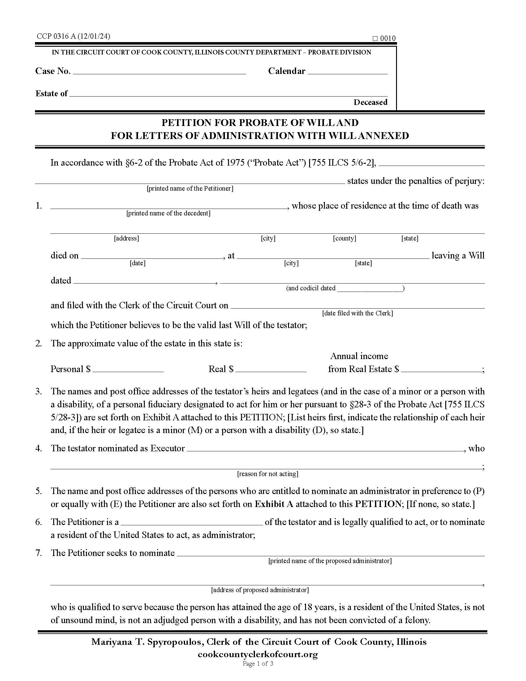 Petition For Probate Of Will And For Letters Of Administration With Will Annexed {CCP 0316} | Pdf Fpdf Docx | Illinois