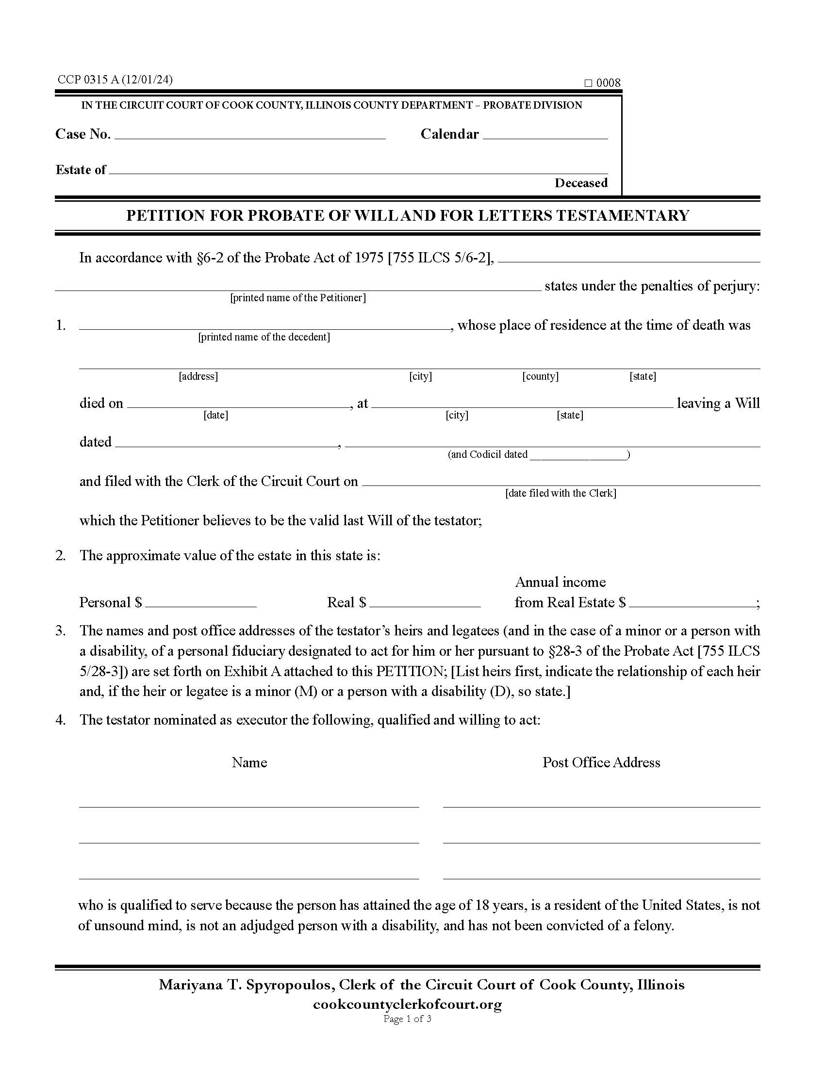 Petition For Probate Of Will And For Letters Testamentary {CCP 0315} | Pdf Fpdf Docx | Illinois