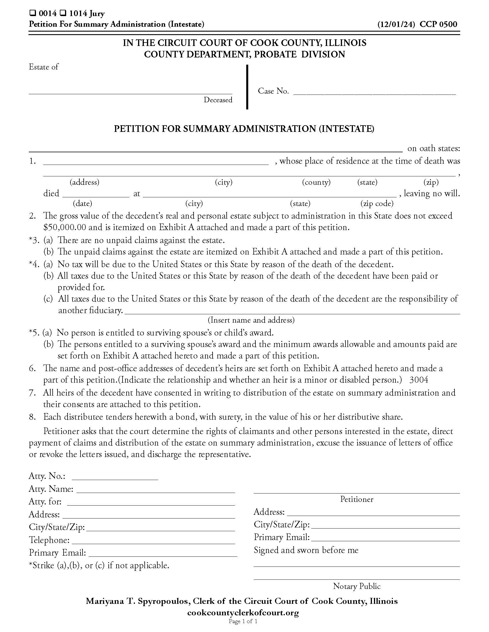 Petition For Summary Administration (Intestate) {CCP 0500} | Pdf Fpdf Doc Docx | Illinois