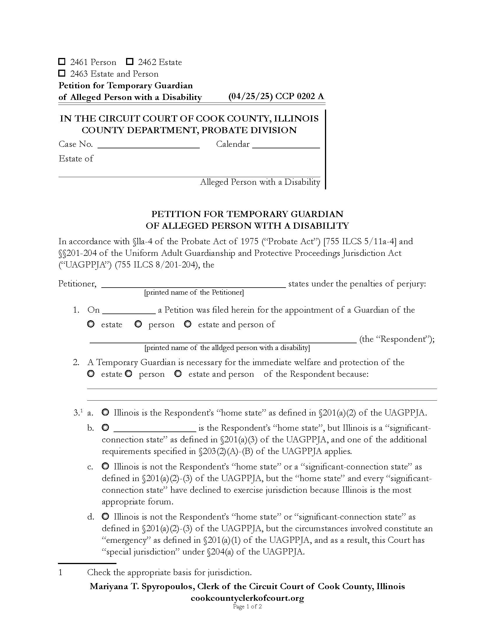Petition For Temporary Guardian Of Alleged Person With A Disability {CCP 0202} | Pdf Fpdf Doc Docx | Illinois