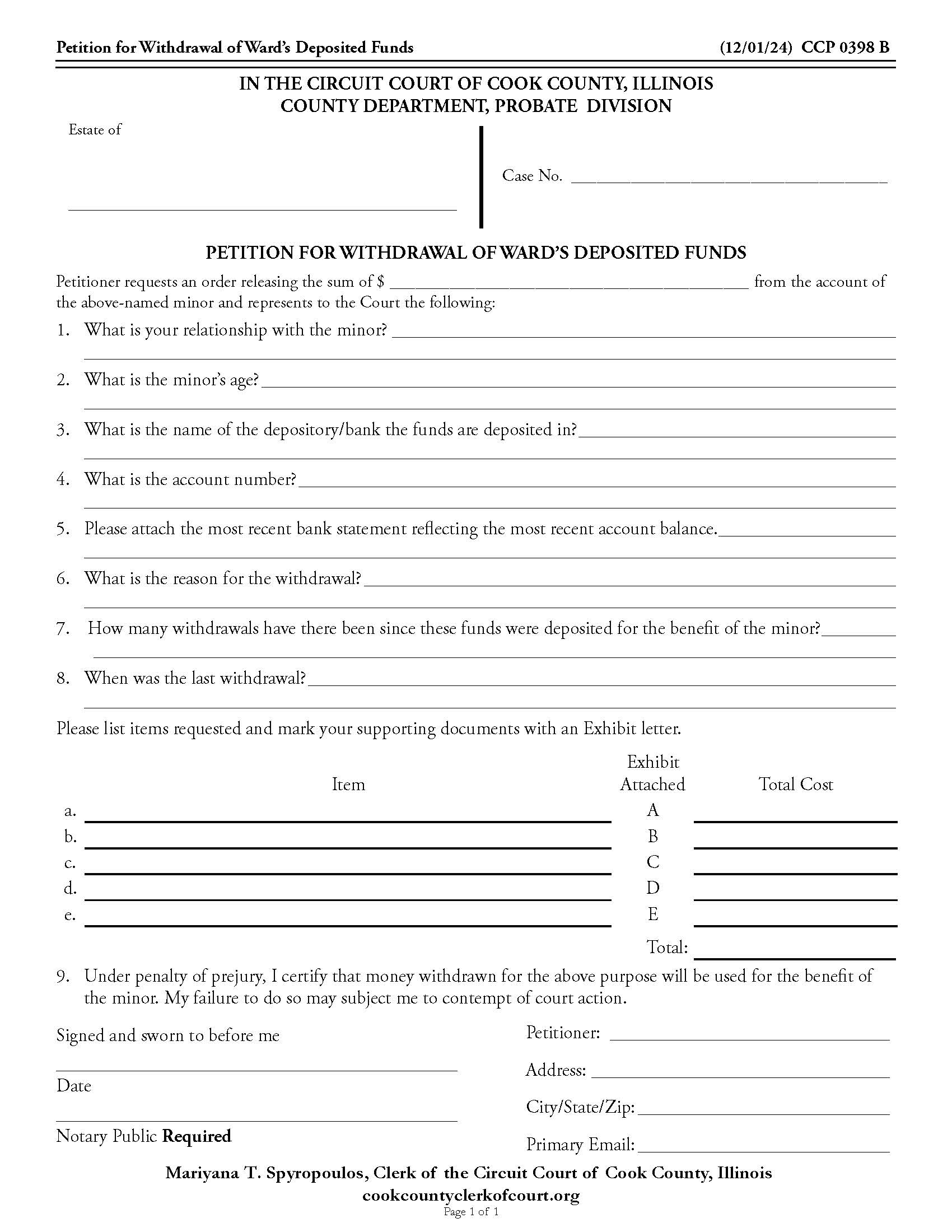 Petition For Withdrawal Of Wards Deposited Funds {CCP 0398} | Pdf Fpdf Doc Docx | Illinois