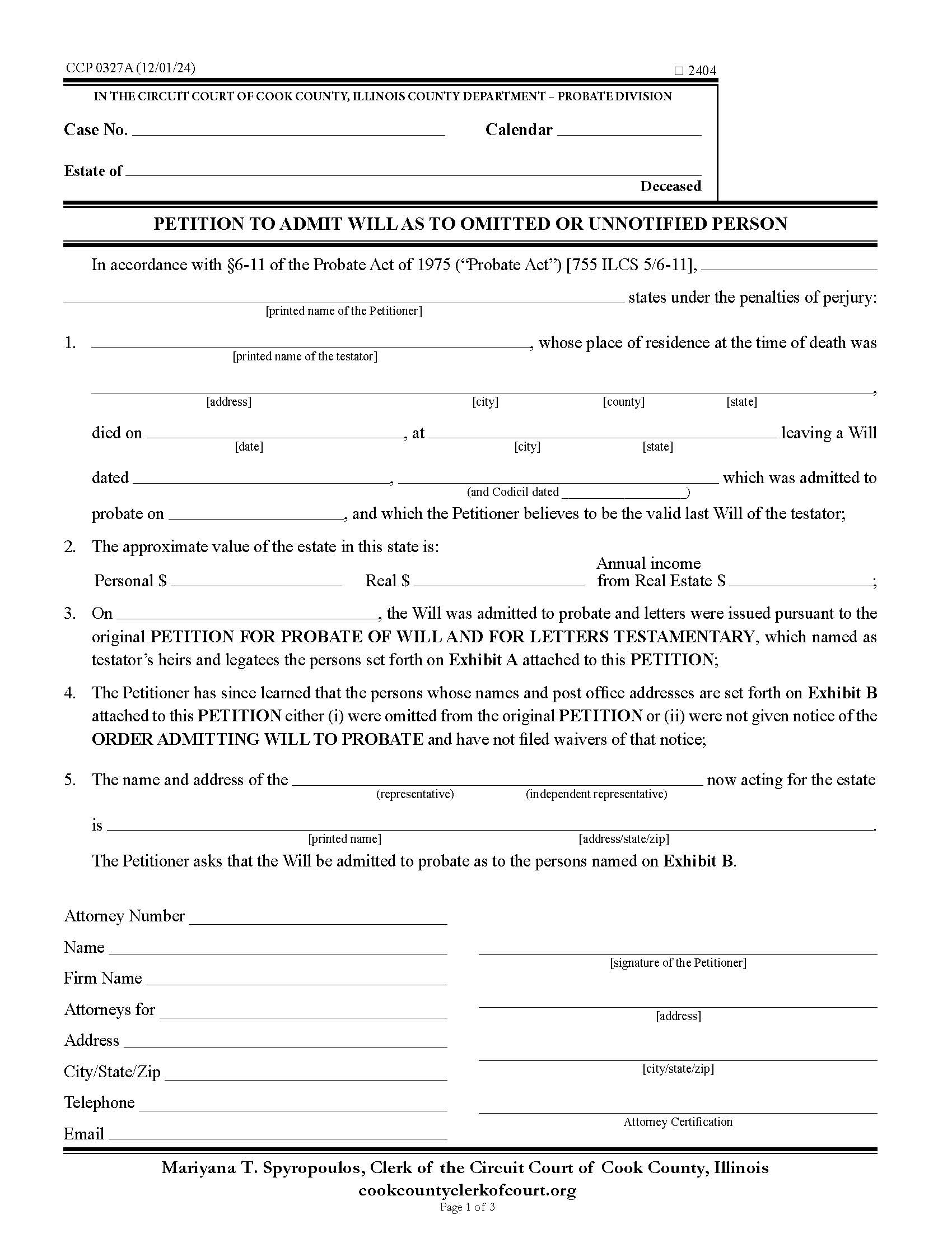 Petition To Admit Will As To Omitted Or Unnotified Person {CCP 0327} | Pdf Fpdf Doc Docx | Illinois