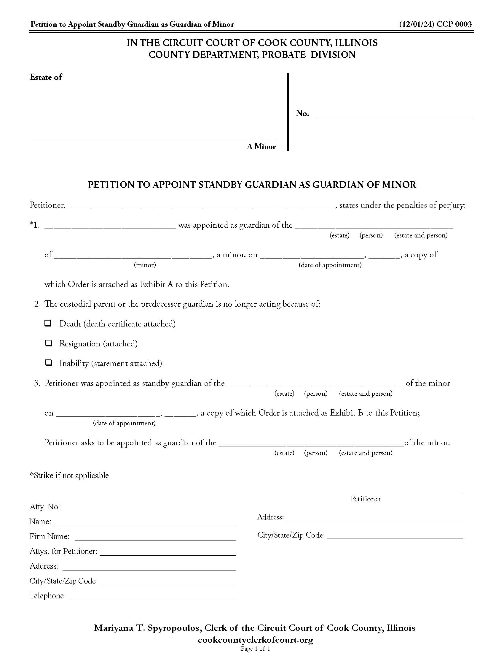 Petition To Appoint Standby Guardian As Guardian Of Minor {CCP 0003} | Pdf Fpdf Doc Docx | Illinois
