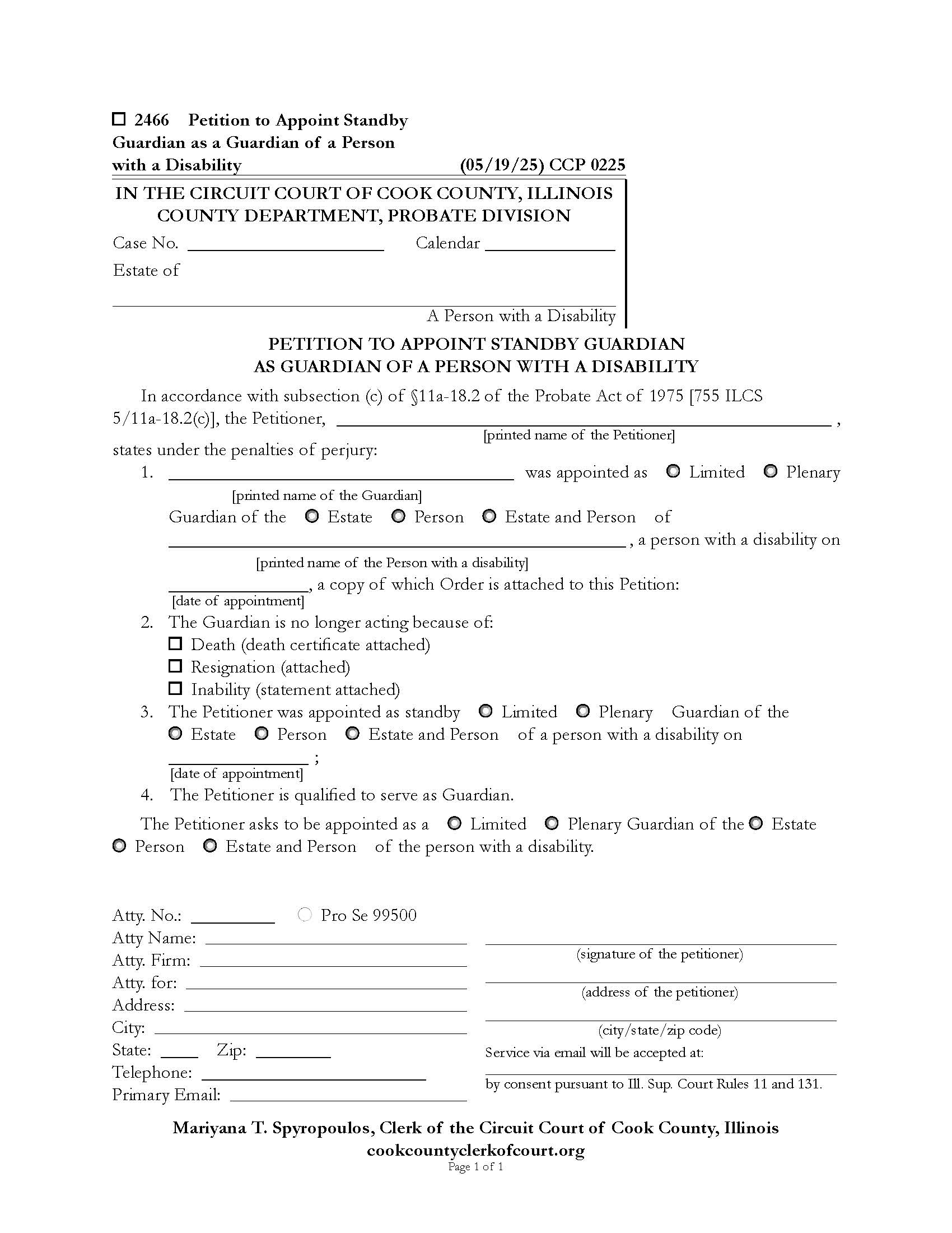 Petition To Appoint Standby Guardian Of Person With A Disability {CCP 0225} | Pdf Fpdf Docx | Illinois