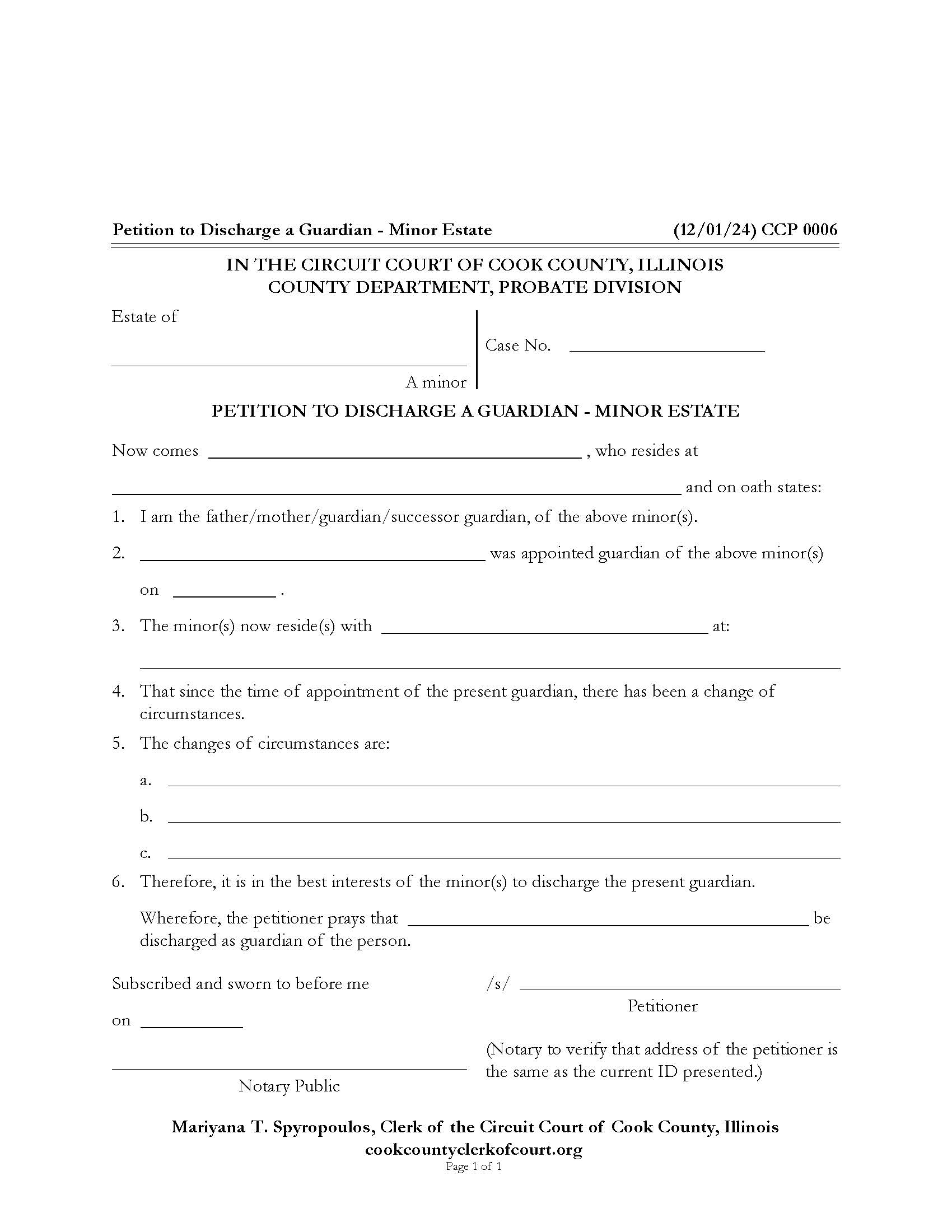 Petition To Discharge A Guardian - Minor Estate {CCP 0006} | Pdf Fpdf Docx | Illinois