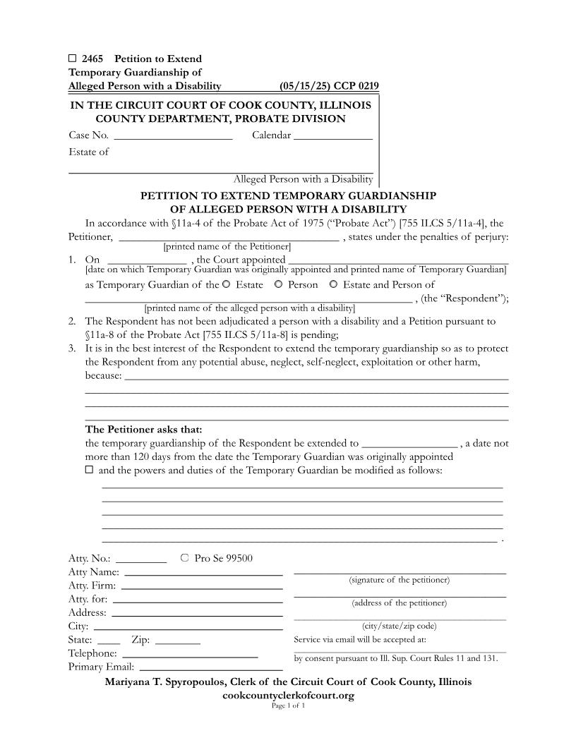 Petition To Extend Temporary Guardianship Of Alleged Person With A Disability {CCP 0219} | Pdf Fpdf Doc Docx | Illinois