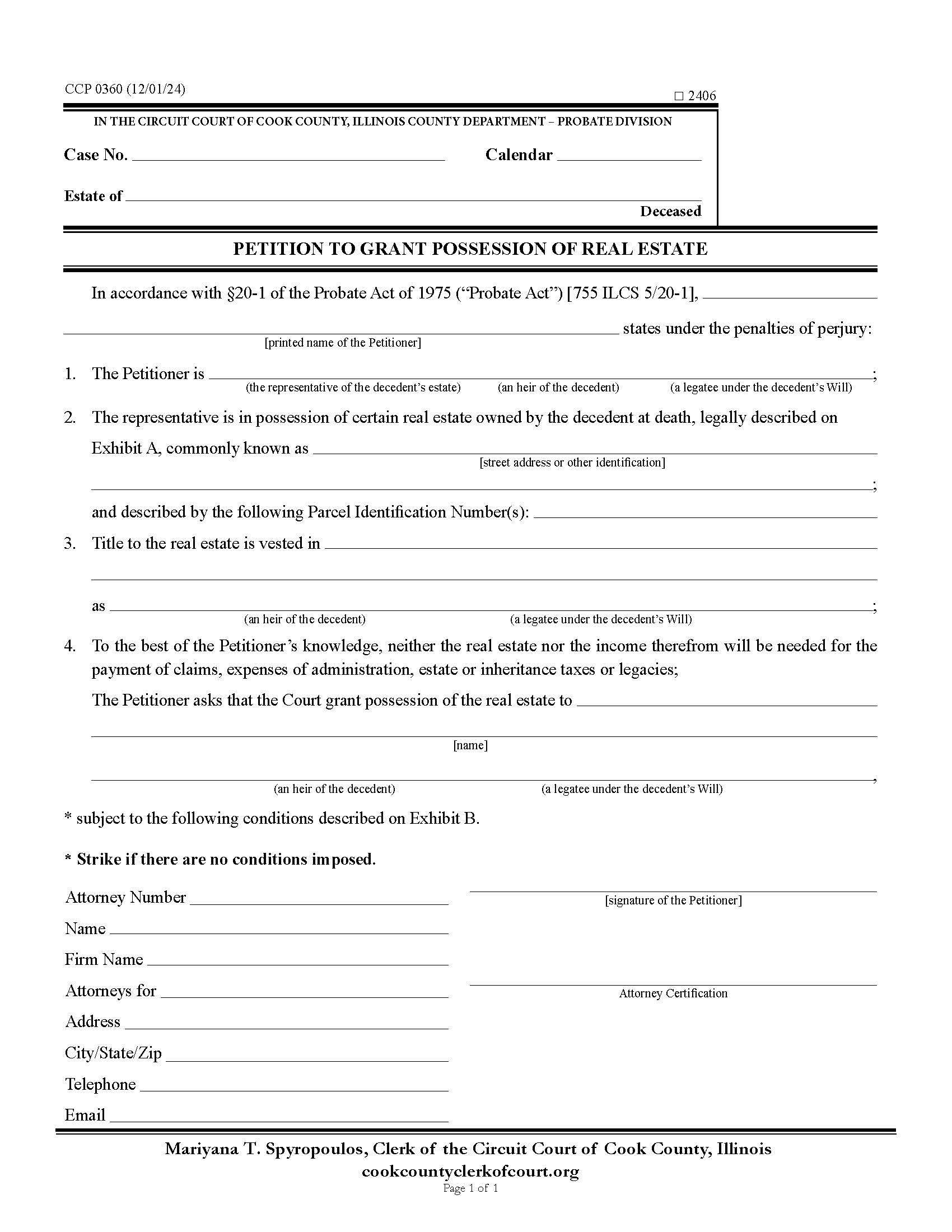 Petition To Grant Possession Of Real Estate {CCP 0360} | Pdf Fpdf Docx | Illinois