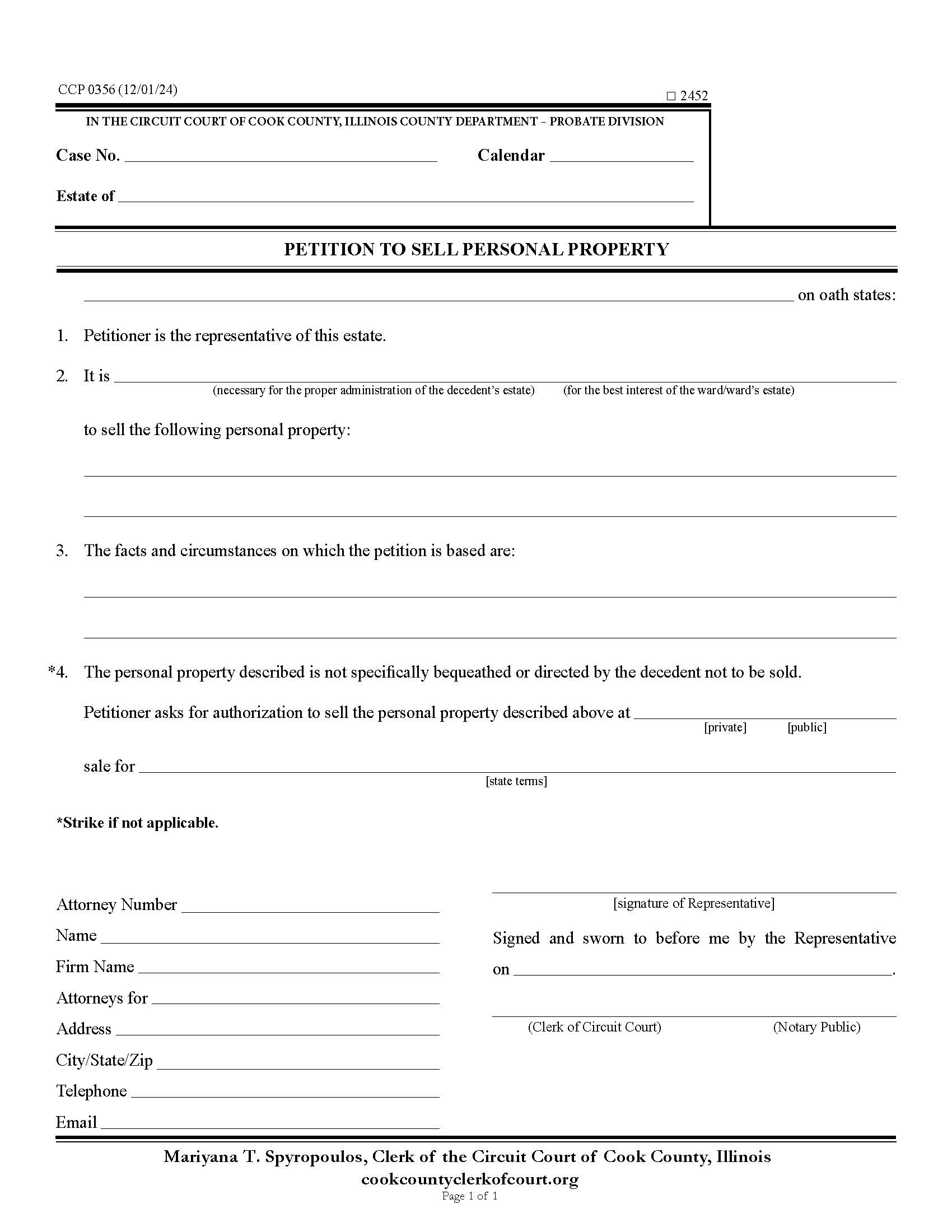 Petition To Sell Personal Property {CCP 0356} | Pdf Fpdf Docx | Illinois