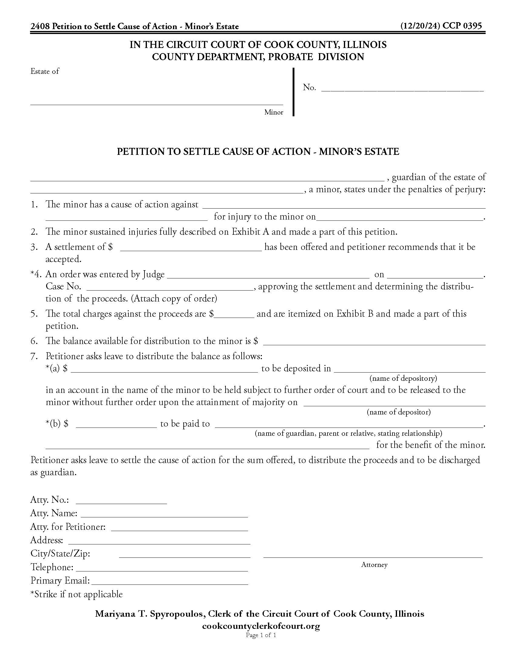 Petition To Settle Cause Of Action - Minors Estate {CCP 0395} | Pdf Fpdf Doc Docx | Illinois