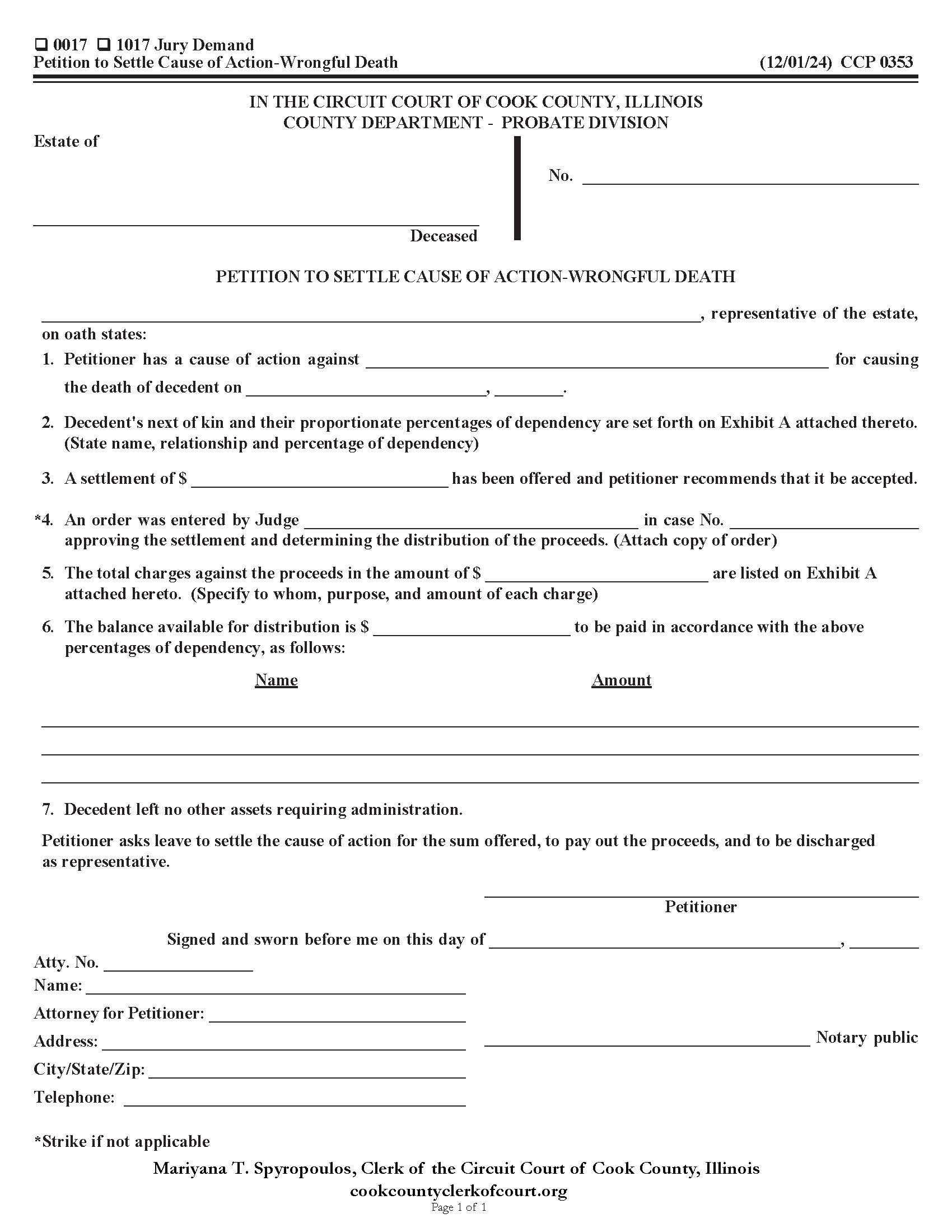 Petition To Settle Cause Of Action Wrongful Death {CCP 0353} | Pdf Fpdf Doc Docx | Illinois