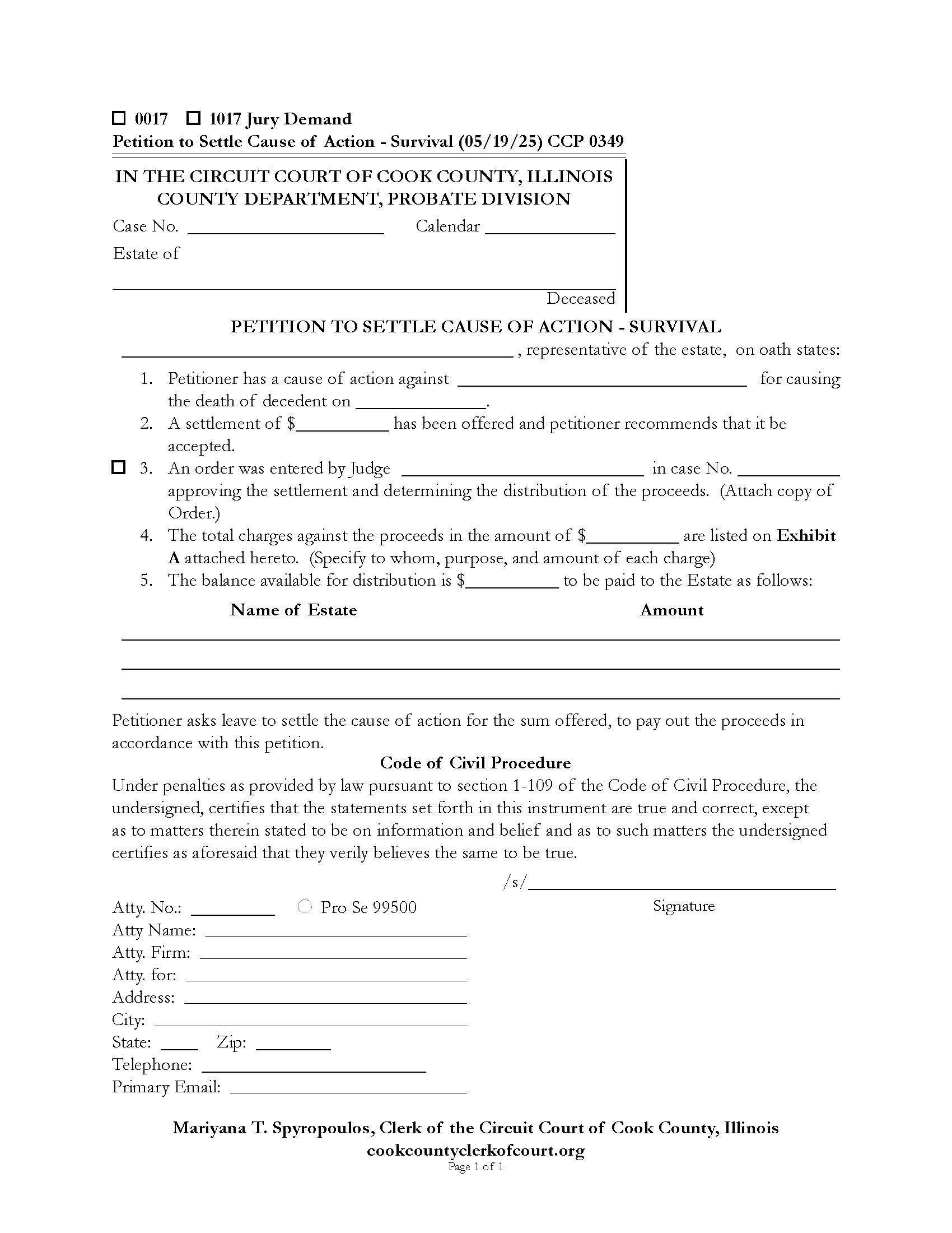 Petition To Settle Cause of Action Survival {CCP 0349} | Pdf Fpdf Docx | Illinois