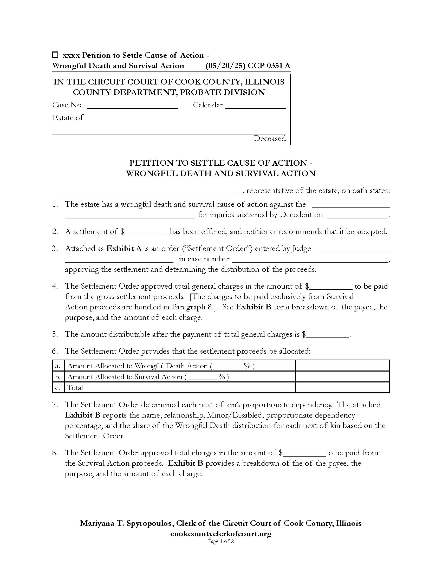 Petition To Settle Cause of Action Wrongful Death And Survival Action {CCP 0351} | Pdf Fpdf Docx | Illinois