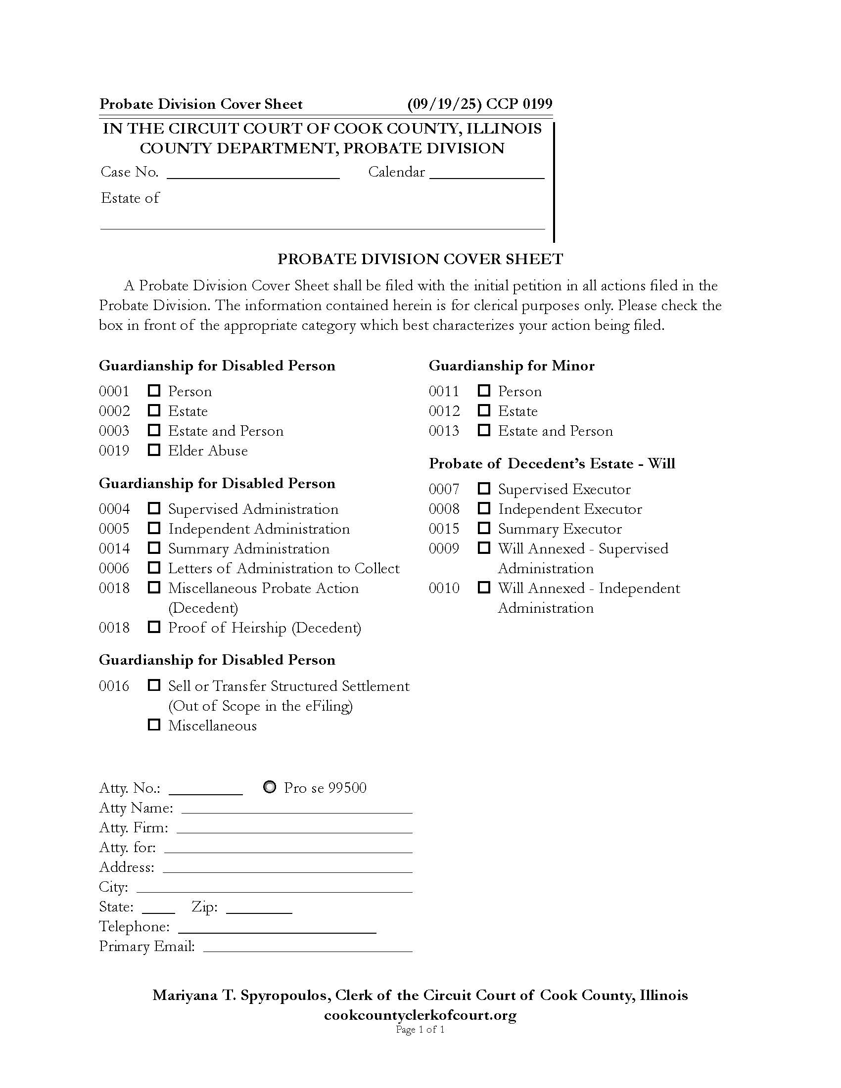 Probate Division Cover Sheet {CCP 0199} | Pdf Fpdf Docx | Illinois