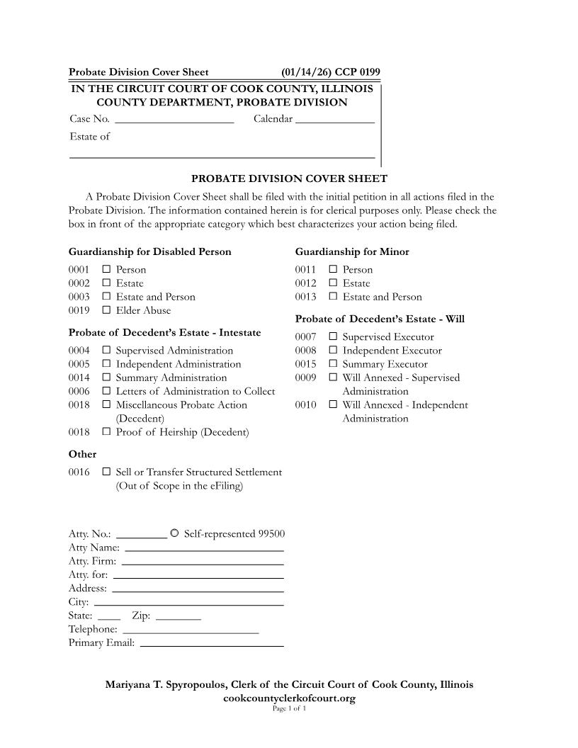 Probate Division Cover Sheet {CCP 0199} | Pdf Fpdf Docx | Illinois