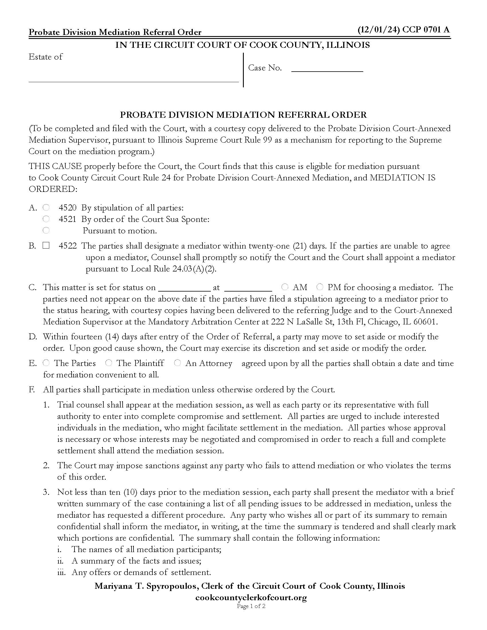 Probate Division Mediation Referral Order {CCP 0701} | Pdf Fpdf Doc Docx | Illinois