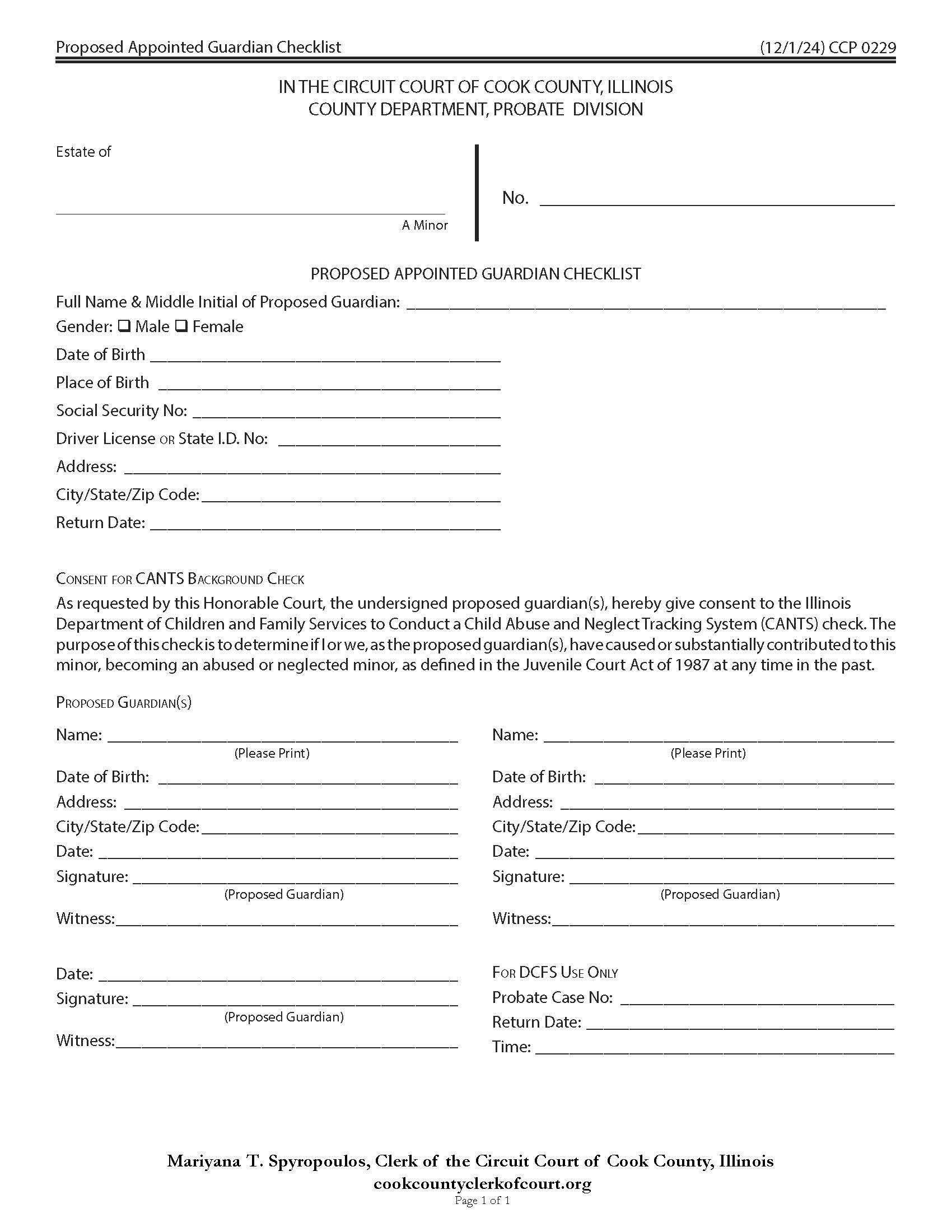 Proposed Appointed Guardian Checklist {CCP 0229} | Pdf Fpdf Docx | Illinois