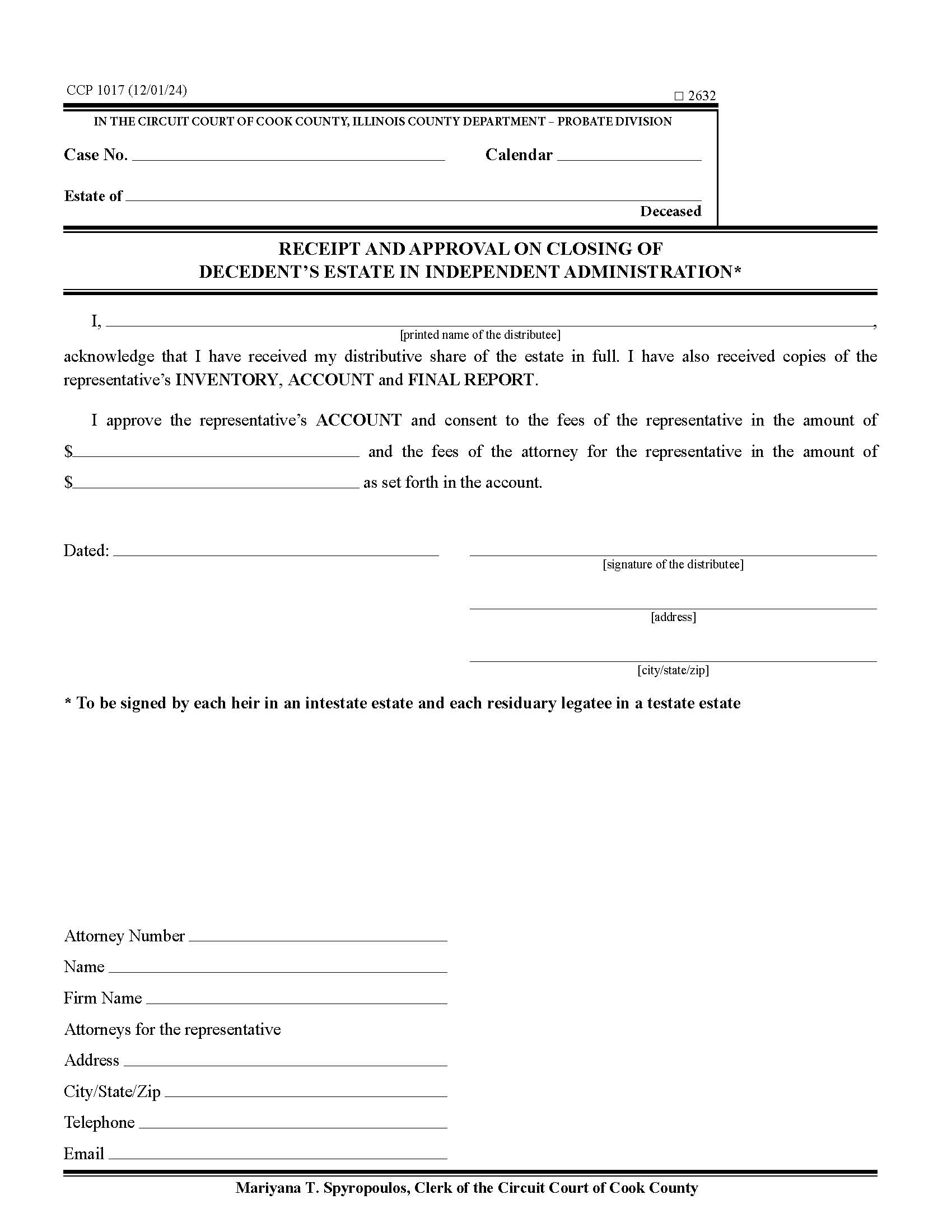 Receipt And Approval Closing Of Decedents Estate In Independent Administration {CCP 1017} | Pdf Fpdf Docx | Illinois