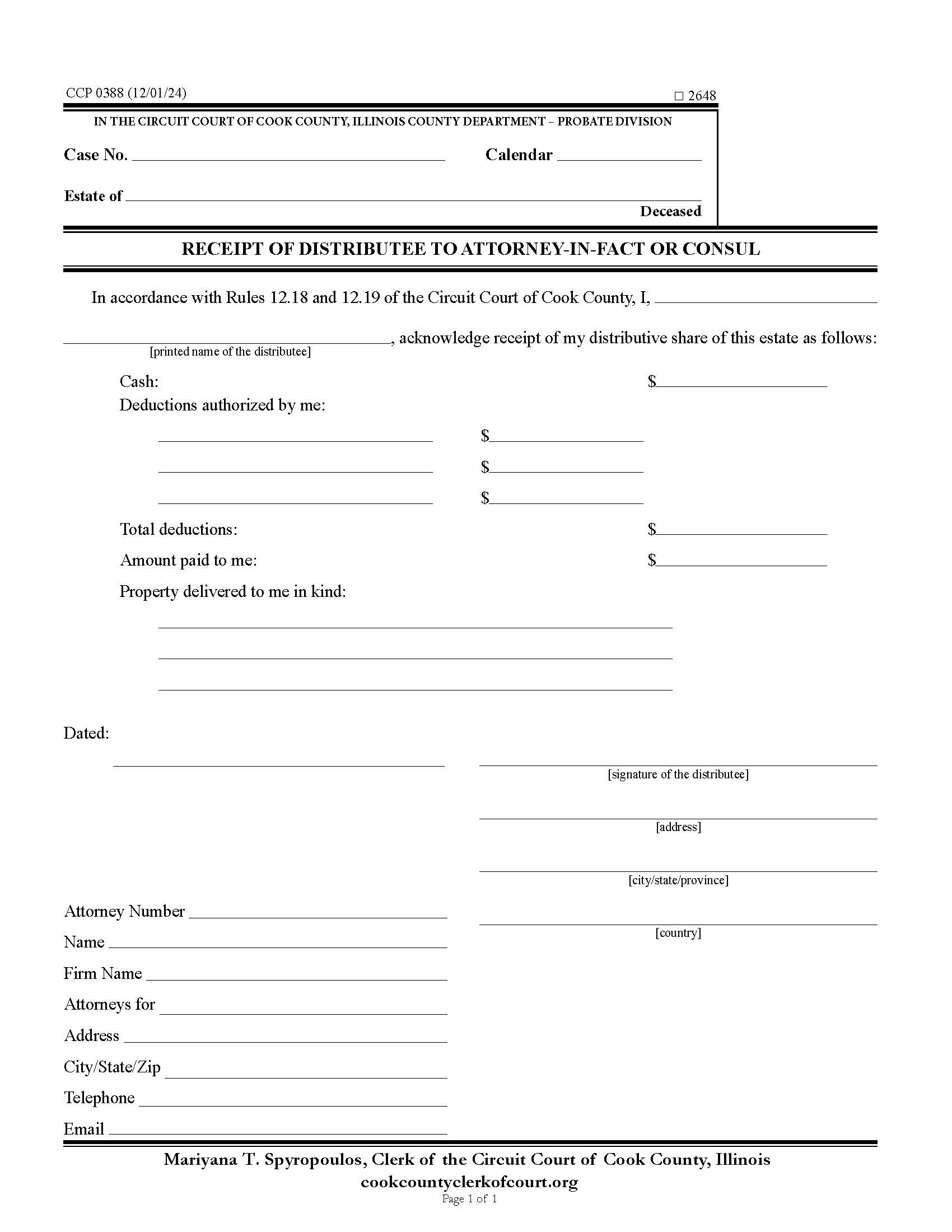 Receipt Of Distributee To Attorney-In-Fact Or Consul {CCP 0388} | Pdf Fpdf Docx | Illinois