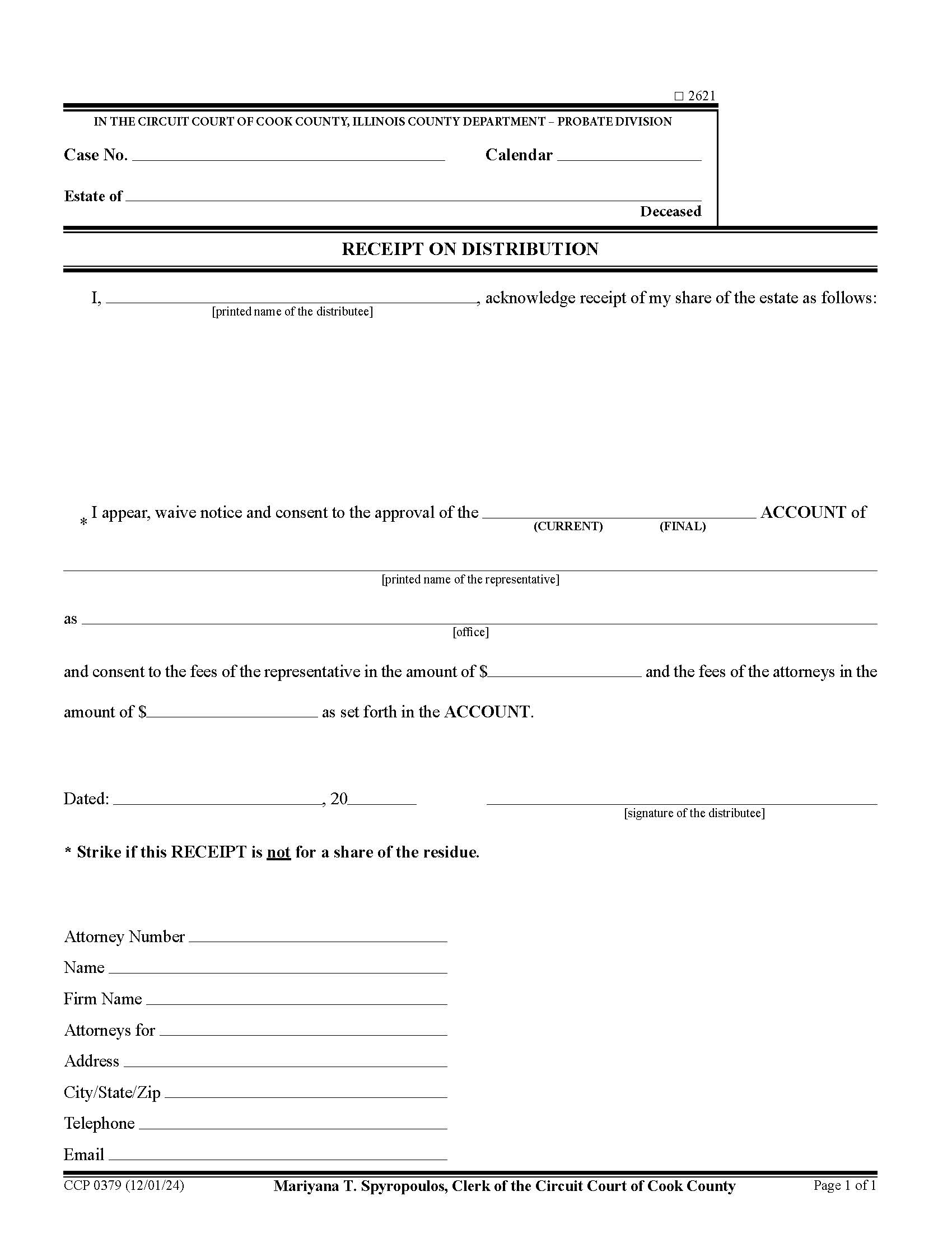 Receipt On Distribution {CCP 0379} | Pdf Fpdf Docx | Illinois