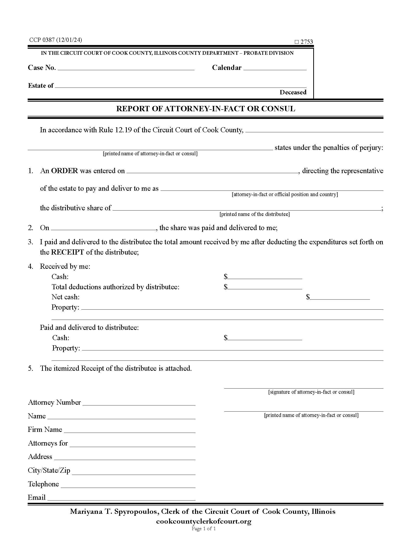 Report Of Attorney-In-Fact Or Consul {CCP 0387} | Pdf Fpdf Docx | Illinois