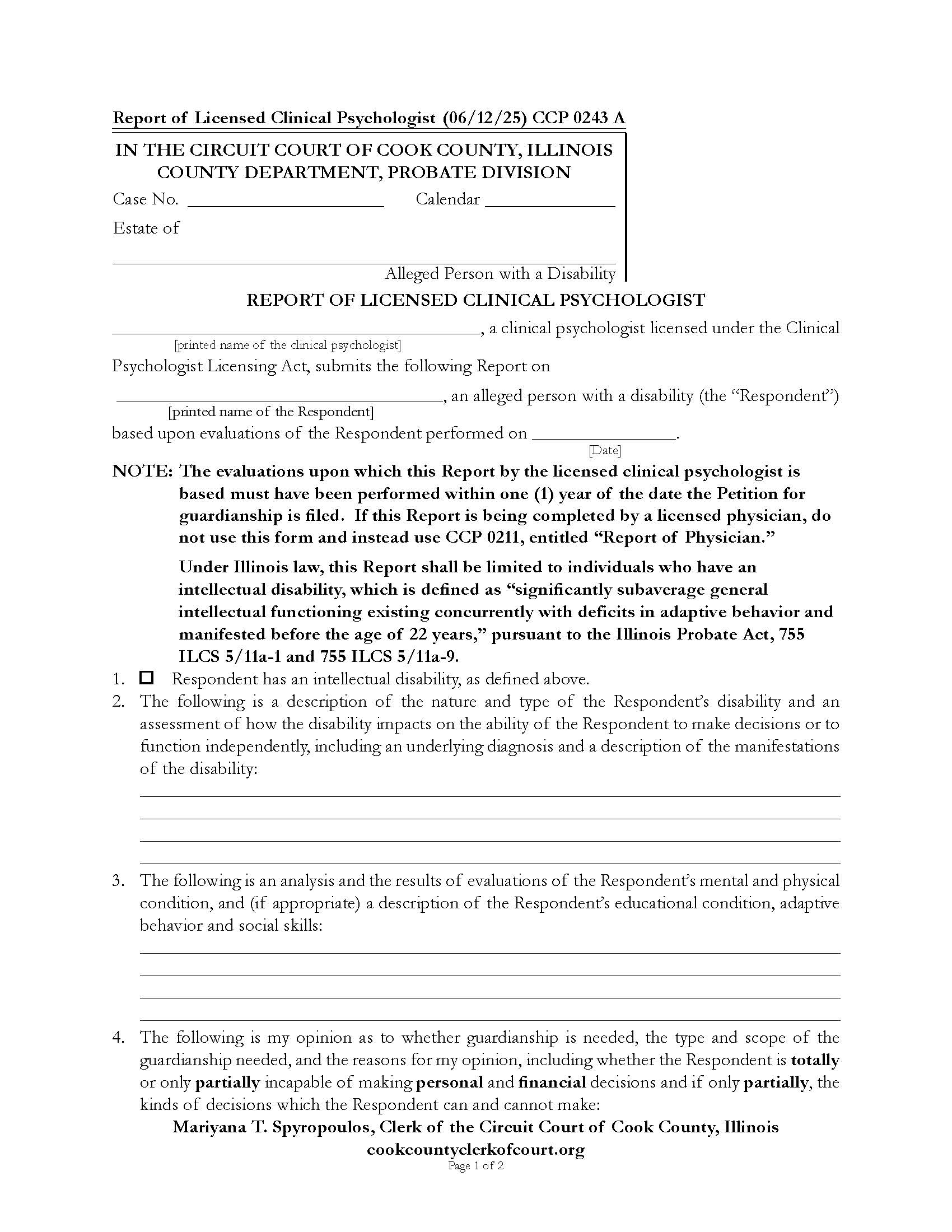 Report Of Licensed Clinical Psychologist {CCP 0243} | Pdf Fpdf Docx | Illinois