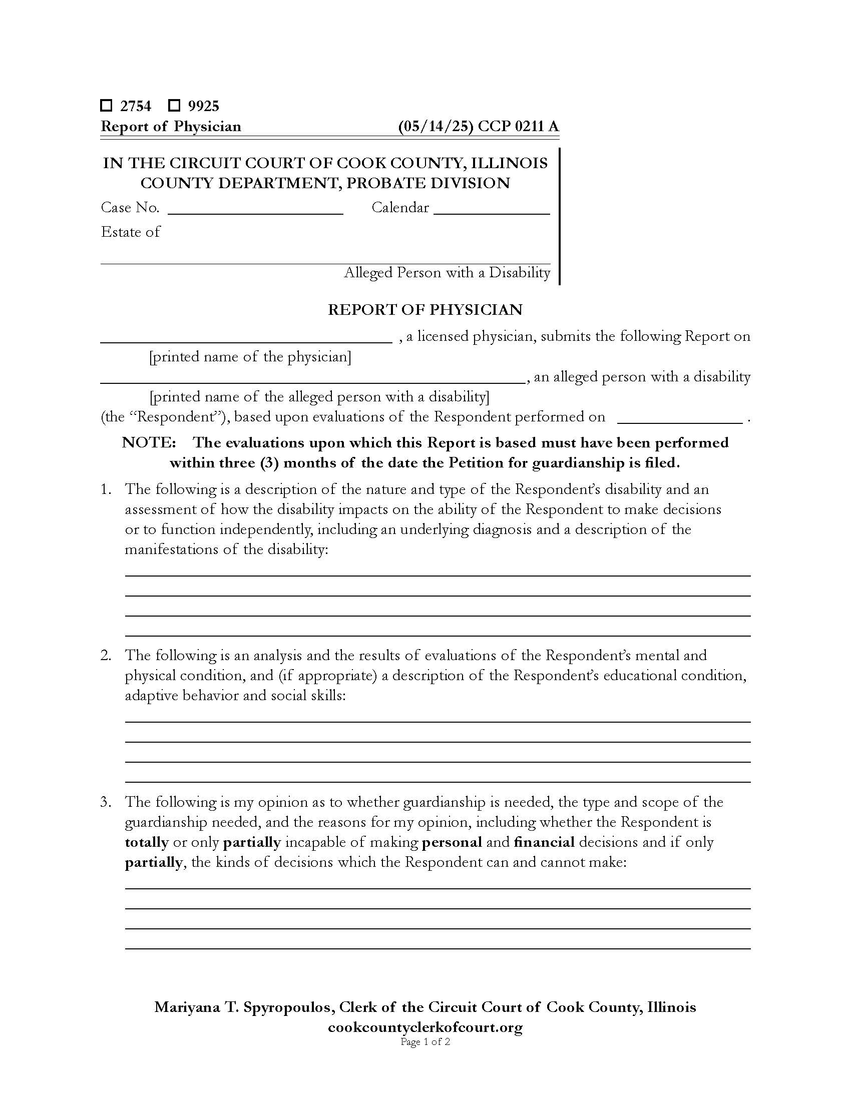 Report Of Physician {CCP 0211} | Pdf Fpdf Doc Docx | Illinois