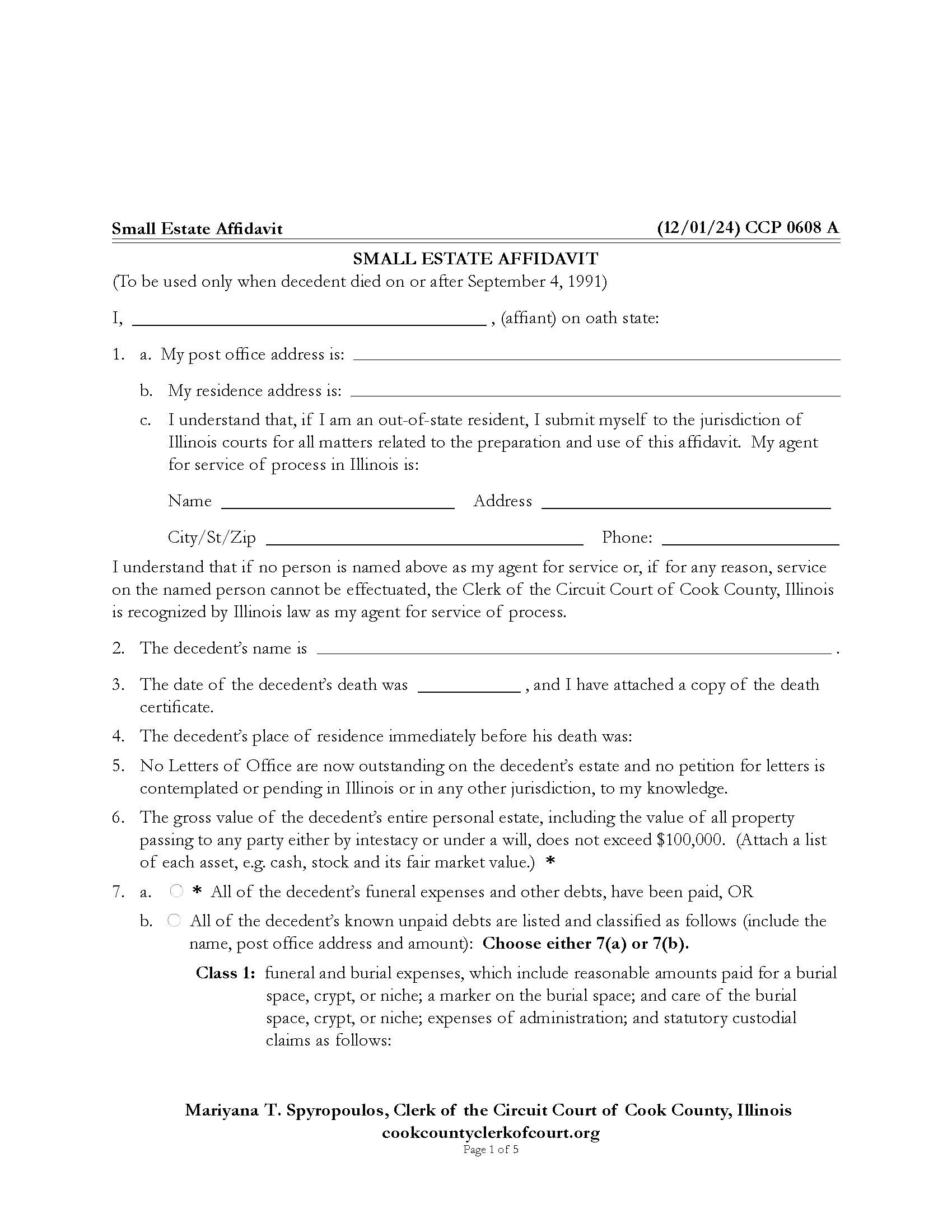 Small Estate Affidavit {CCP 0608} | Pdf Fpdf Doc Docx | Illinois