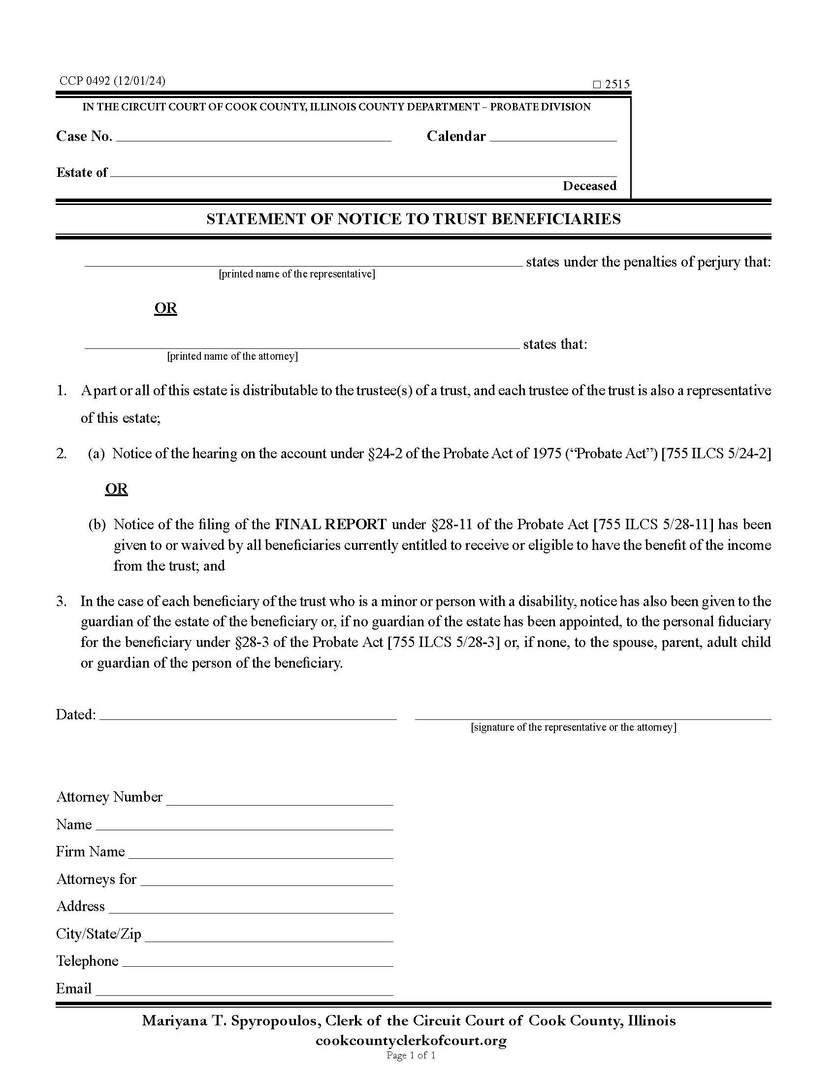 Statement Of Notice To Trust Beneficiaries {CCP 0492} | Pdf Fpdf Docx | Illinois