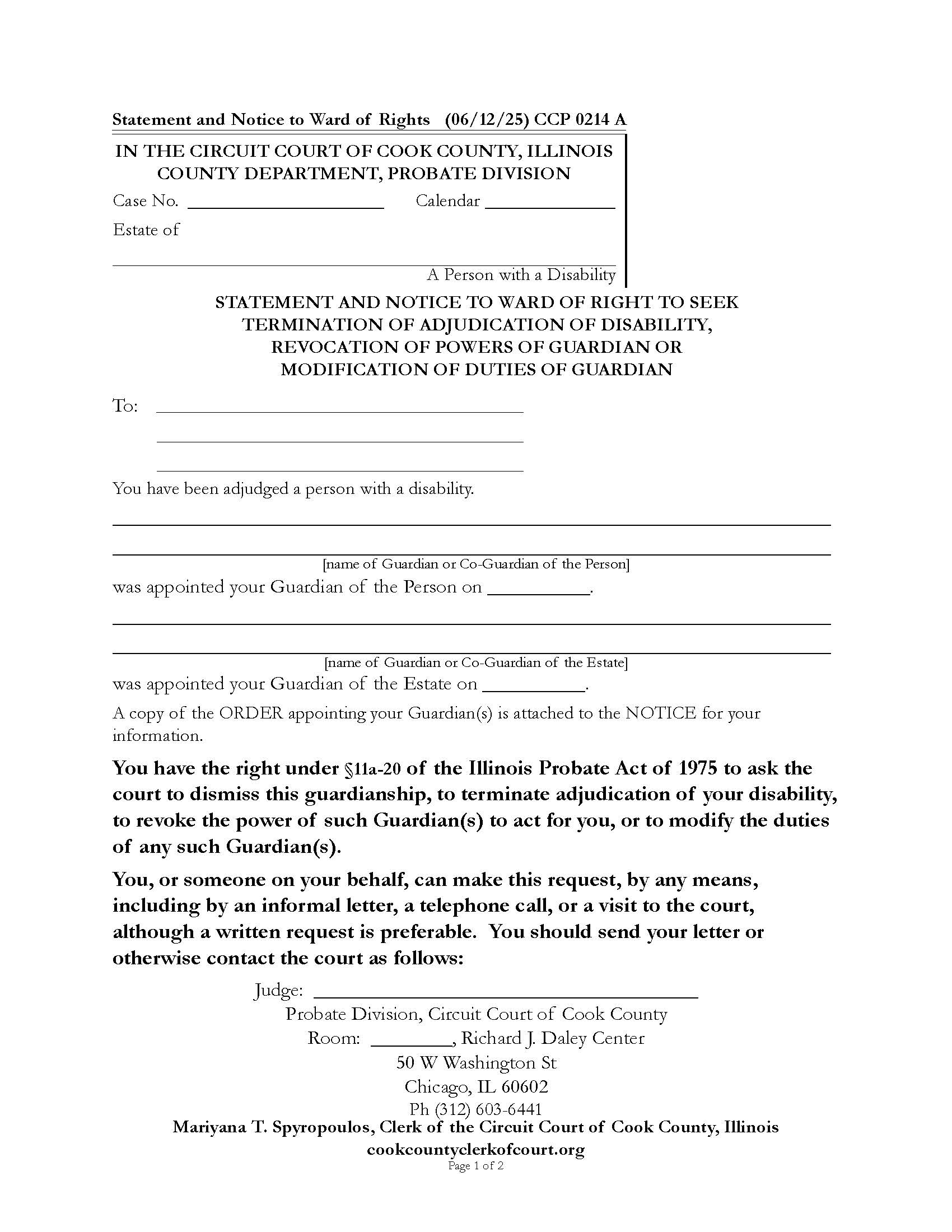 Statement Of Right To Petition Termination Guardianship Or Modify Duties {CCP 0214} | Pdf Fpdf Doc Docx | Illinois