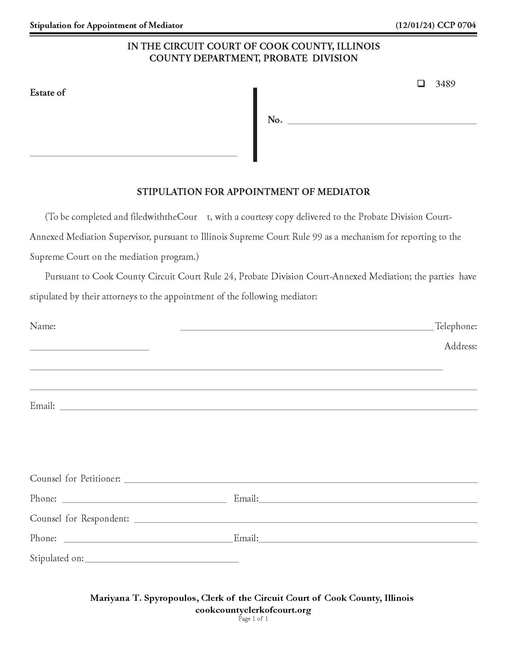 Stipulation For Appointment Of Mediator {CCP 0704} | Pdf Fpdf Doc Docx | Illinois