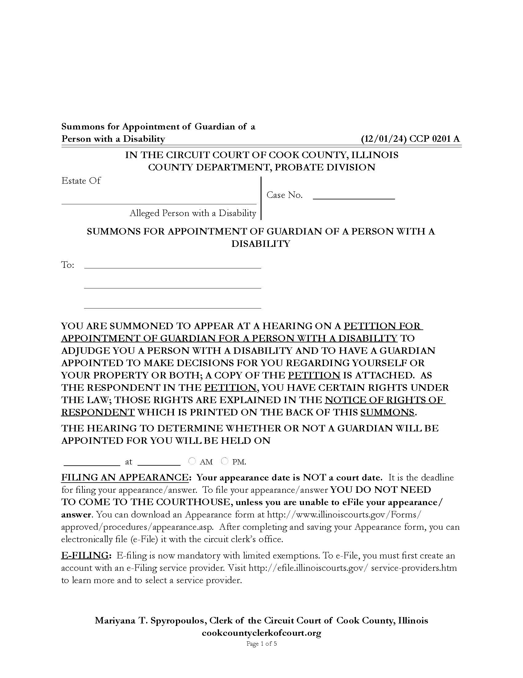 Summons For Appointment Of Guardian Of Person With Disability {CCP 0201} | Pdf Fpdf Docx | Illinois