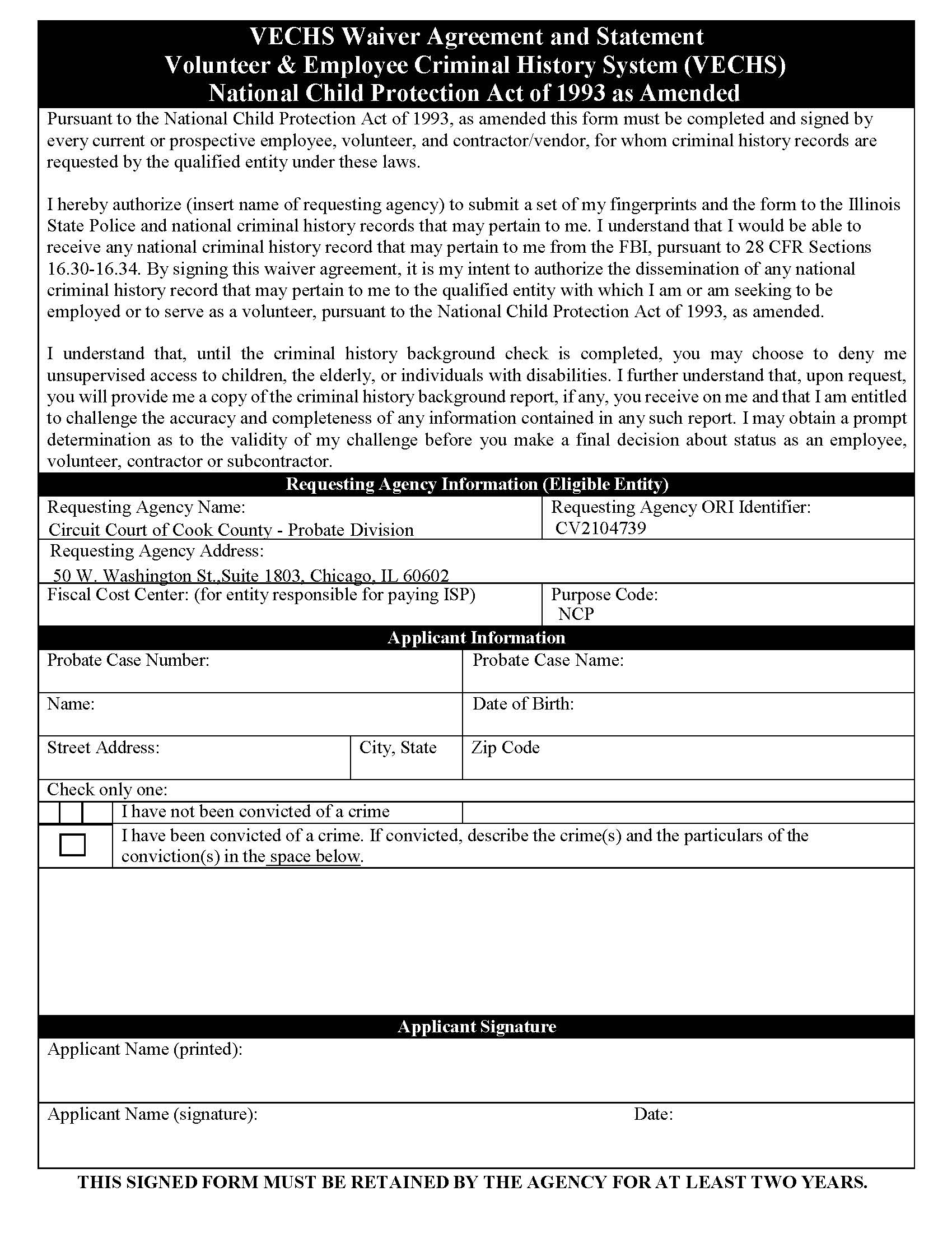 VECHS Waiver Agreement and Statement {CCP 0240} | Pdf Fpdf Docx | Illinois